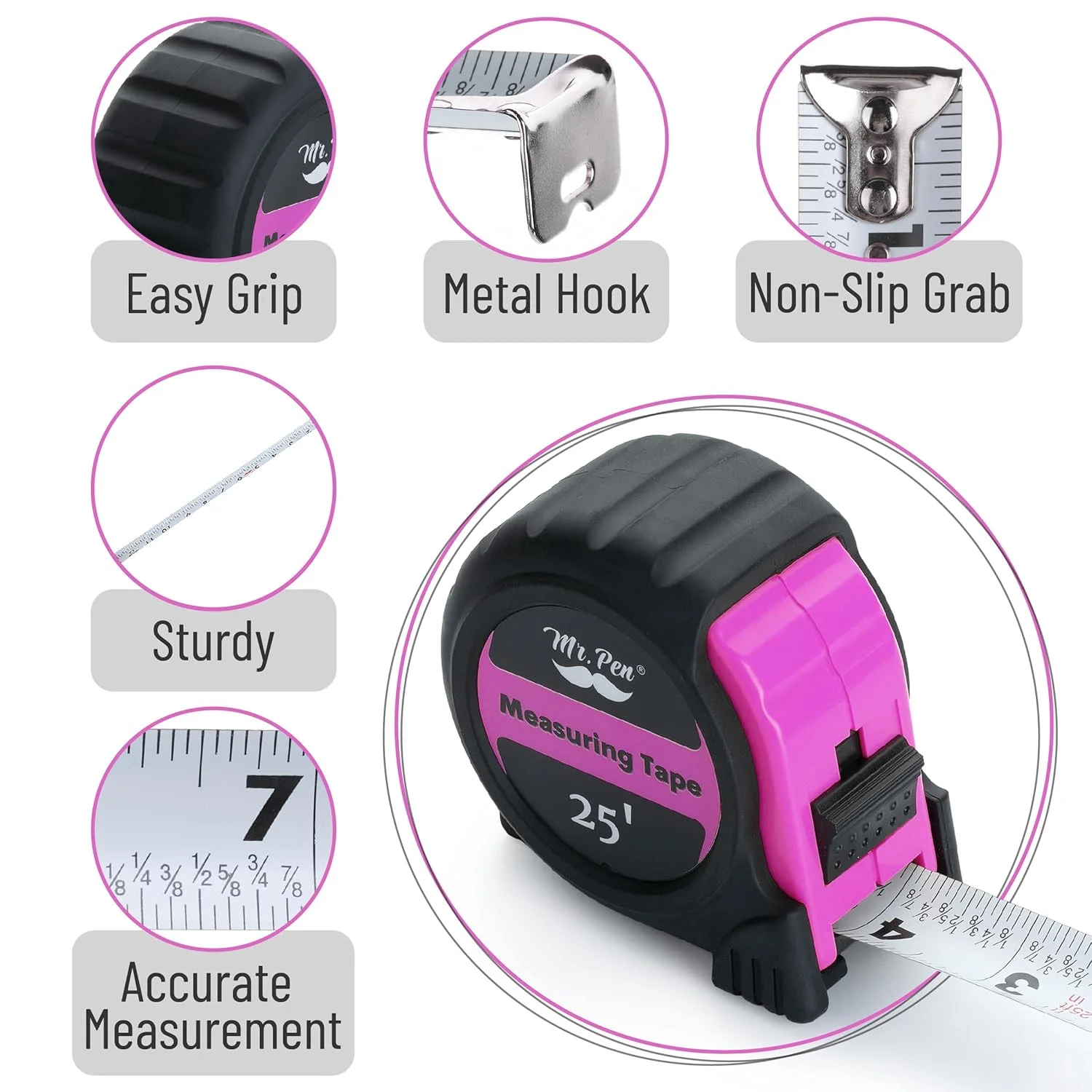 متر نواری آقای پن، 25 فوت، متر نواری فولادی جمع شونده با کسری، رنگ صورتی