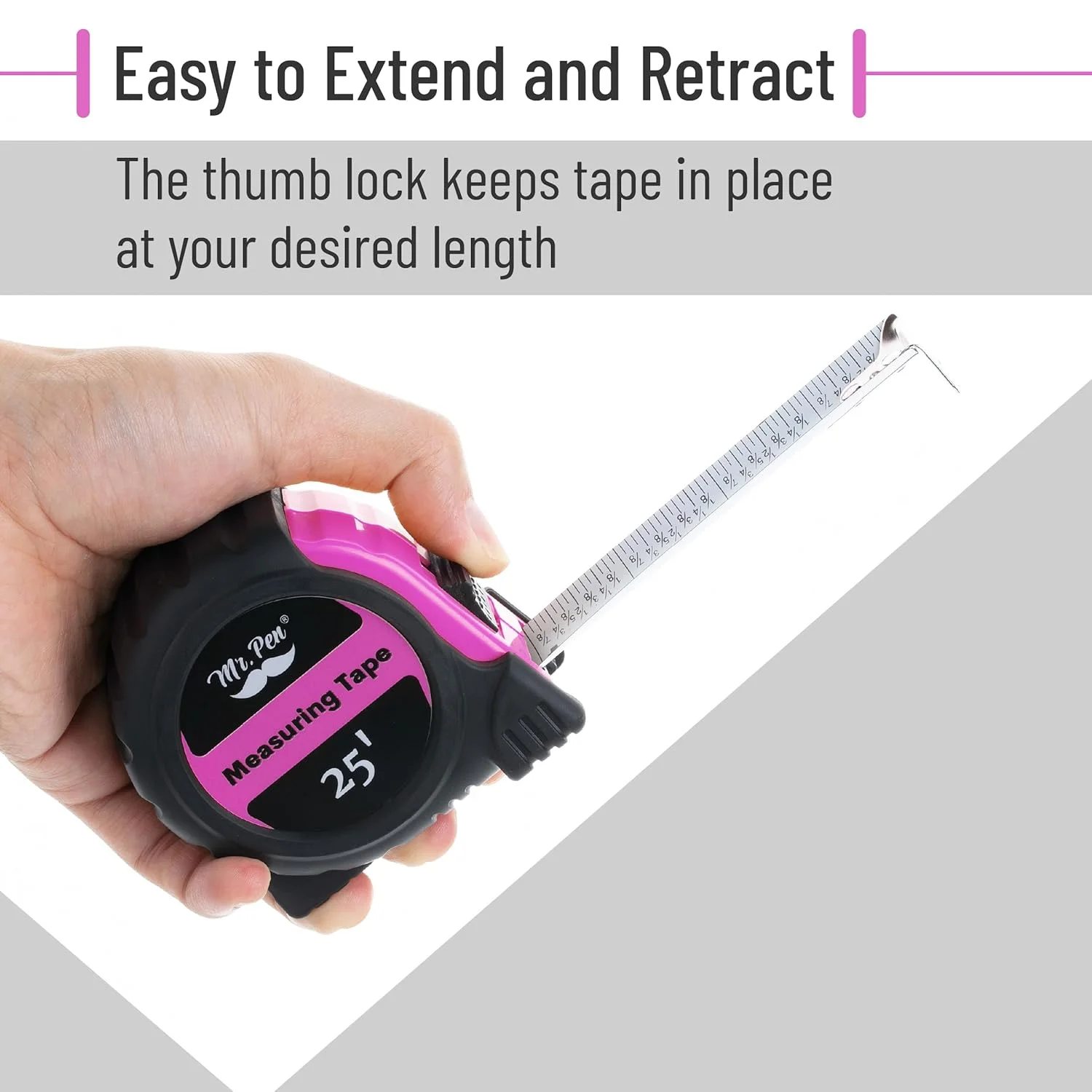 متر نواری آقای پن، 25 فوت، متر نواری فولادی جمع شونده با کسری، رنگ صورتی