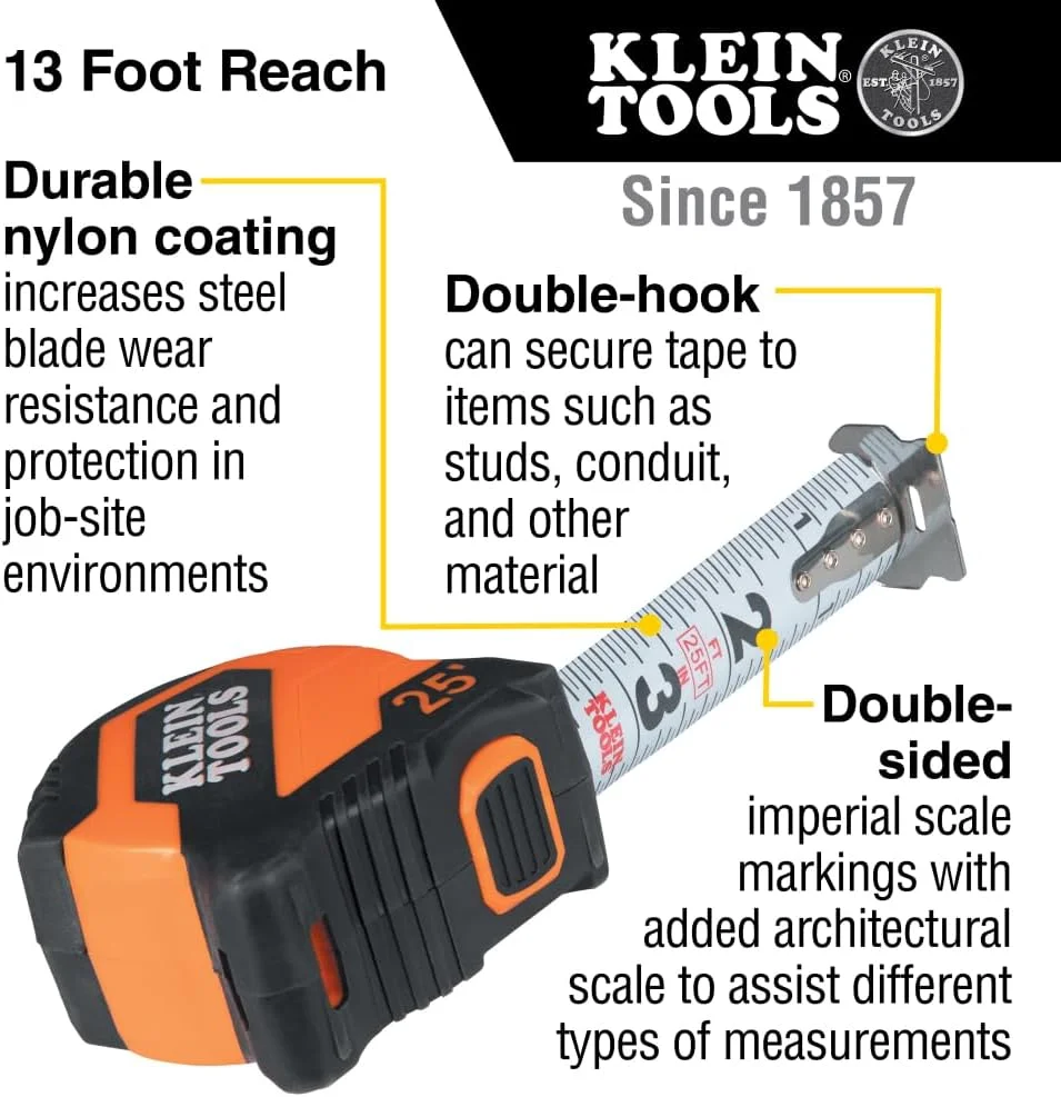 متر نواری کلاین تولز 9525، متر نواری امپریال 25 فوتی جمع و جور با قلاب دوبل، ترمز انگشتی، تیغه نایلونی، خطوط پررنگ خوانا