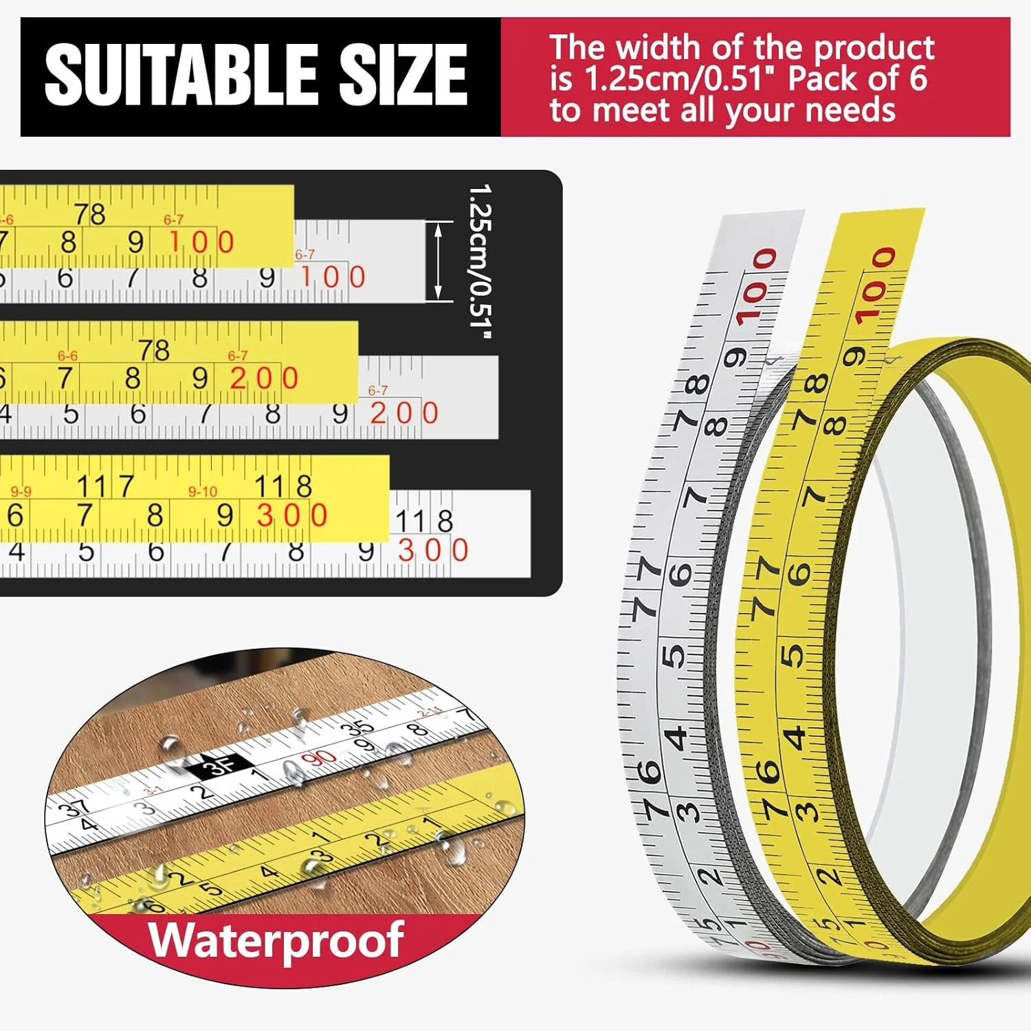نوار اندازه گیری فلزی چسبی، نوار اندازه گیری خود چسب با پشت چسب قوی، خط کش پوست کنده و چسبی برای اره میزی، خیاطی و میز کار (۱۹۸ سانتی متر راست به چپ، ۲ عدد)