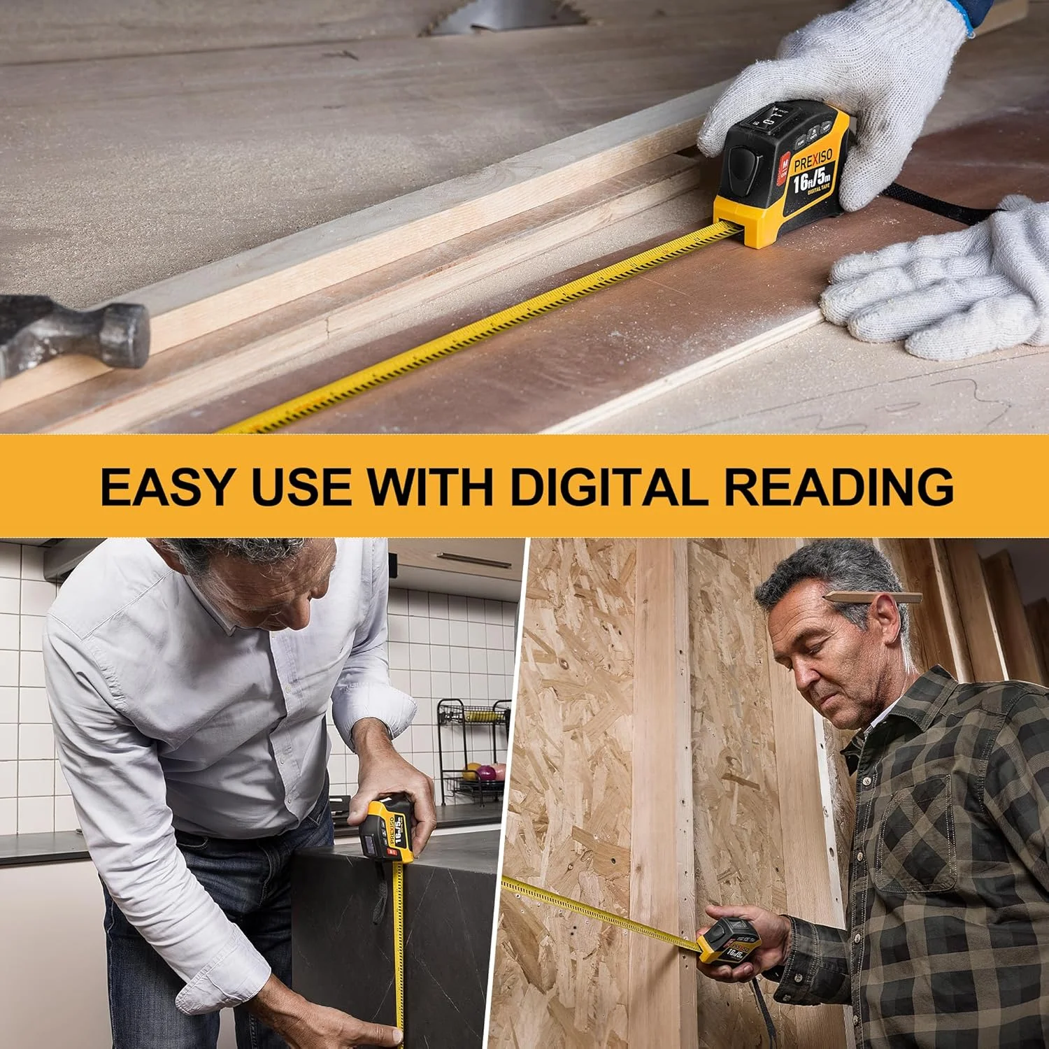 متر نواری دیجیتال 2 در 1 PREXISO - متر نواری قابل شارژ 16 فوتی با واحدهای اندازه گیری فوت/فوت+اینچ/اینچ/متر/سانتی متر/میلی متر - ابزار اندازه گیری جمع شونده متریک و اینچی با نوک مغناطیسی - فیثاغورث، مساحت، حجم