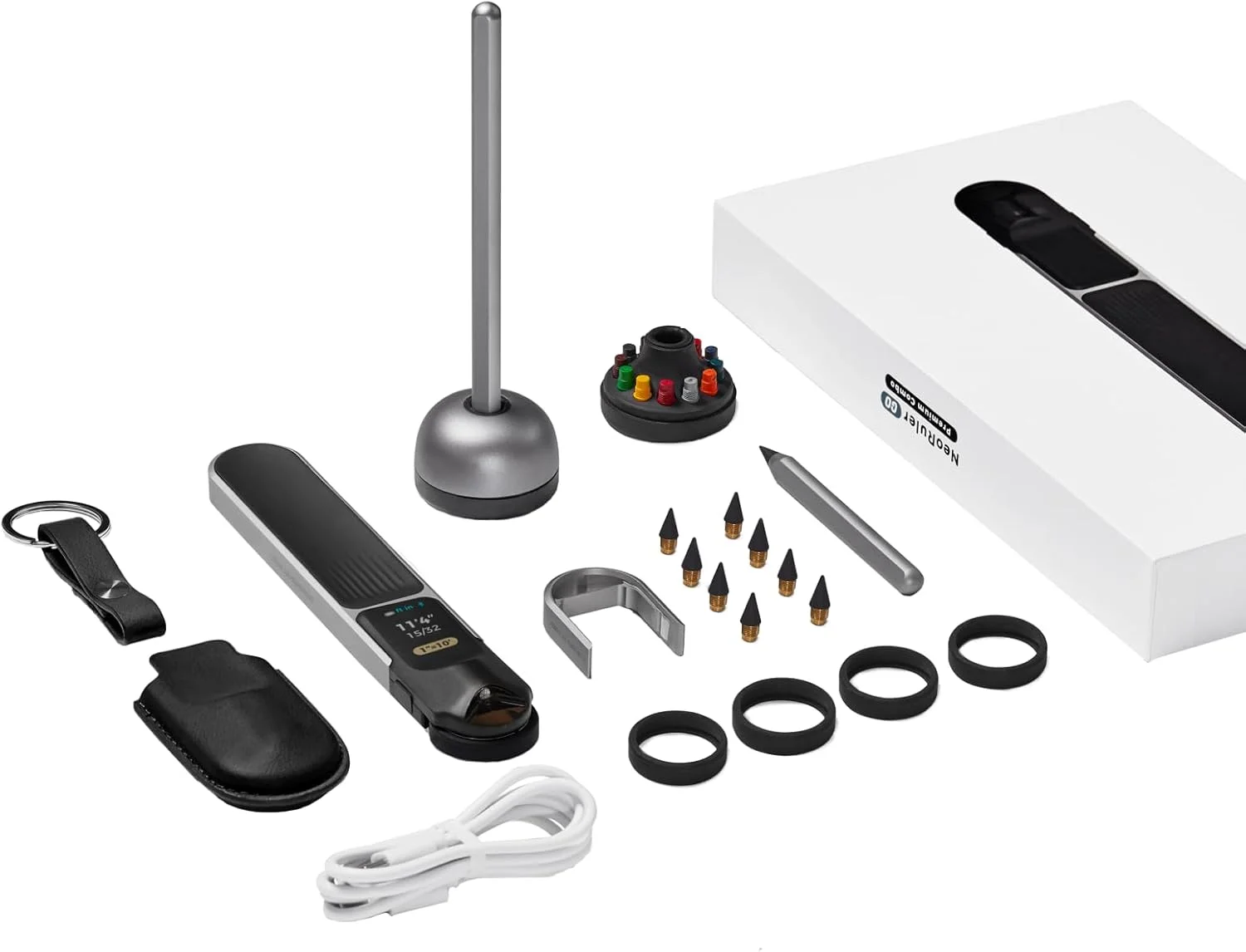 مجموعه هدیه ویژه ۴۱ تکه HOZO NeoRulerGO، متر نواری دیجیتال غلتکی قابل شارژ با لیزر برای اشکال صاف، منحنی، قطر و نامنظم، هدیه ای منحصر به فرد برای مردان، پدران، معماران، طراحان - کیف چرمی مشکی