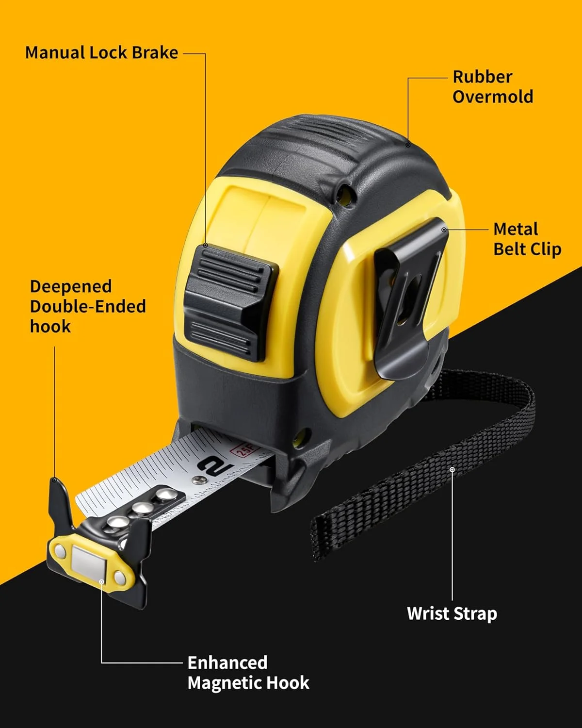 متر نواری فایرکُر 7.5 متری با قلاب دوطرفه مغناطیسی، متر جمع شونده 2.5 سانتی متری با قابلیت خواندن آسان از هر دو طرف، روکش نایلونی و ترمز انگشتی برای ساخت و ساز و نجاری