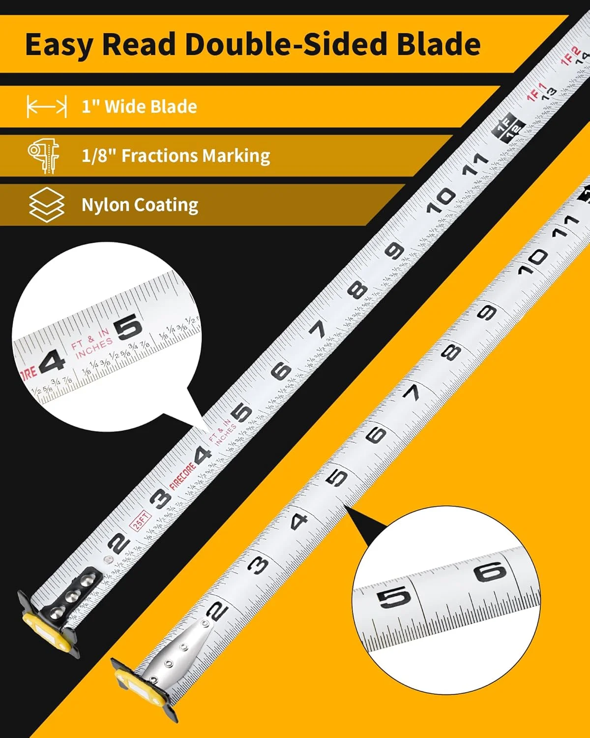 متر نواری فایرکُر 7.5 متری با قلاب دوطرفه مغناطیسی، متر جمع شونده 2.5 سانتی متری با قابلیت خواندن آسان از هر دو طرف، روکش نایلونی و ترمز انگشتی برای ساخت و ساز و نجاری