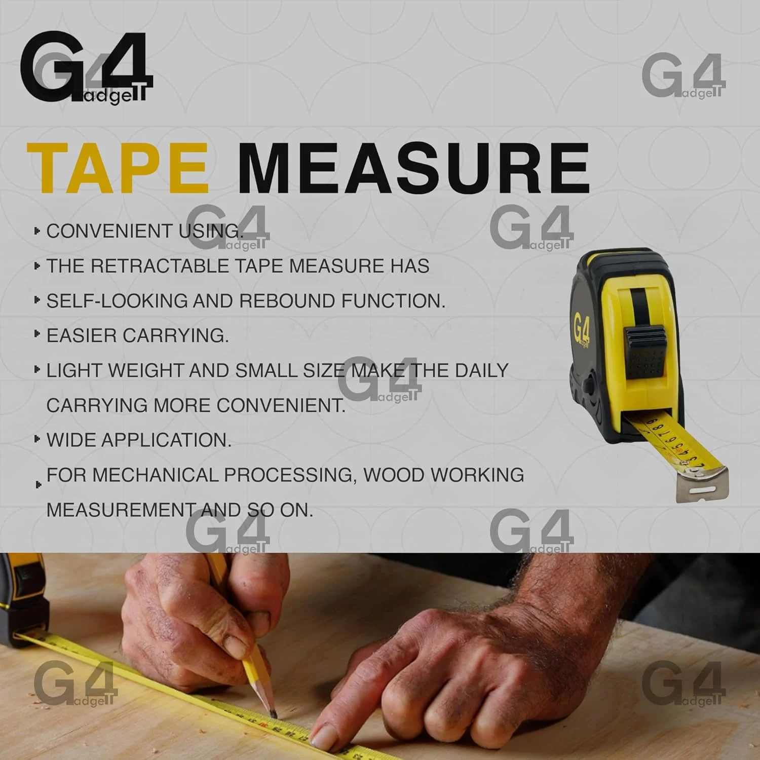 متر نواری جمع شونده 5 متری G4GADGET با قفل گریپ، اندازه گیری متریک (سیاه زرد)