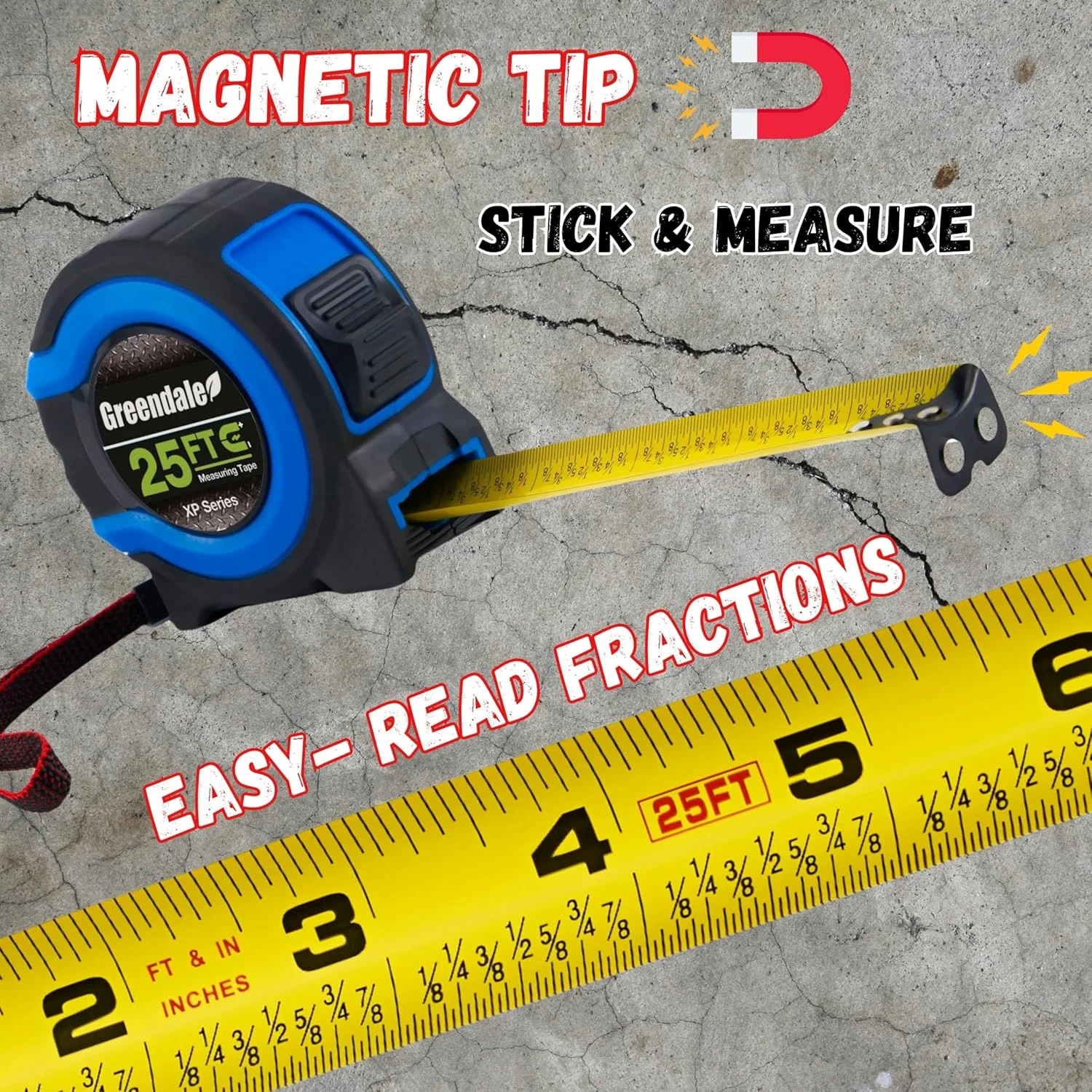 گریندل - بسته 3 عددی - متر نواری 7.5 متری - خواندن آسان اعداد کسری تا 1/8 اینچ - نوک مغناطیسی - قفل شست و سریع - جمع شونده خودکار - گیره کمربند