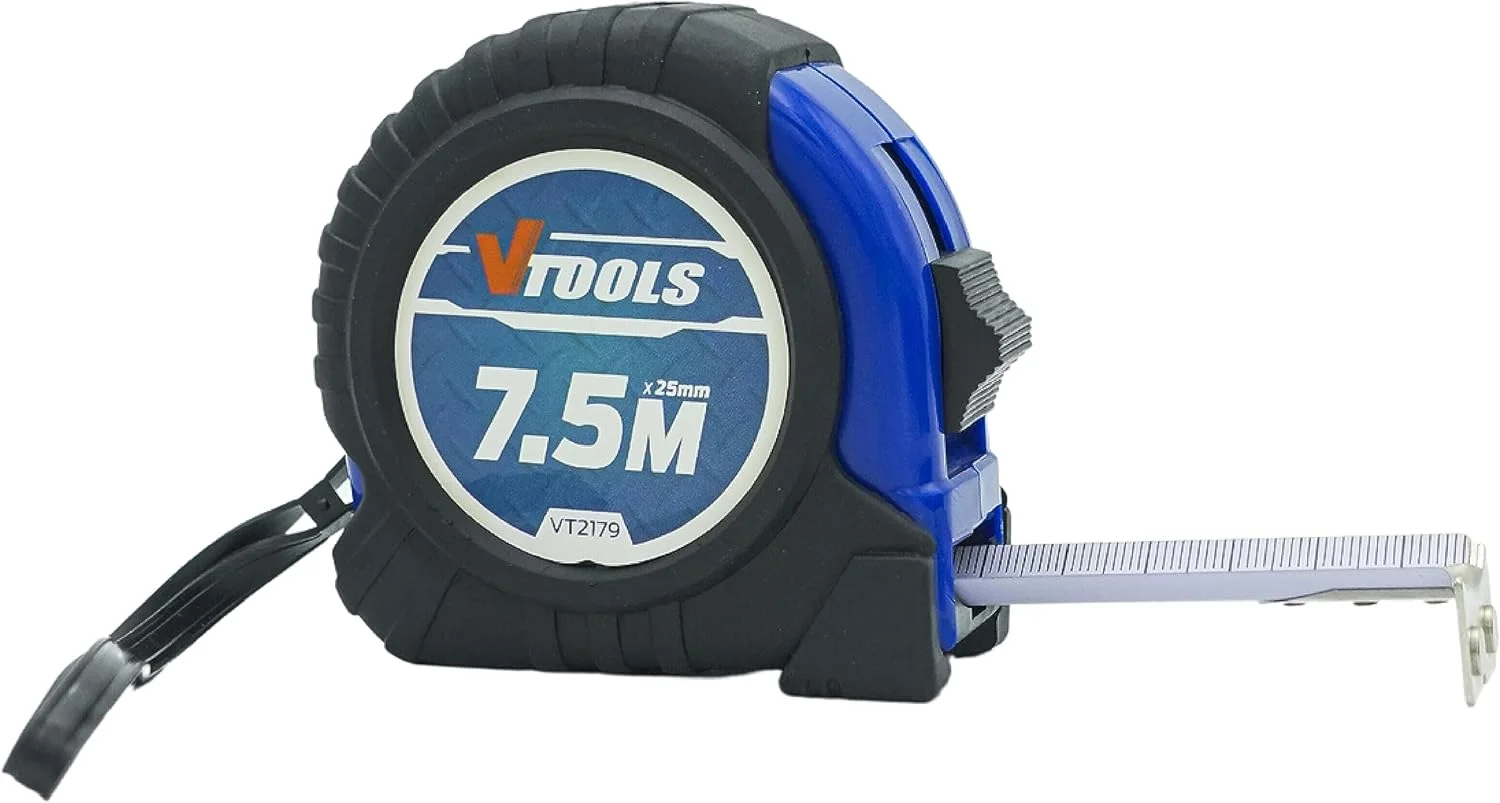 متر نواری 7.5 متری VTOOLS، ضخامت تیغه 1 میلی متر، متر نواری خود قفل شونده، خوانا، قلاب نوک مغناطیسی و بدنه ضد ضربه، VT2179