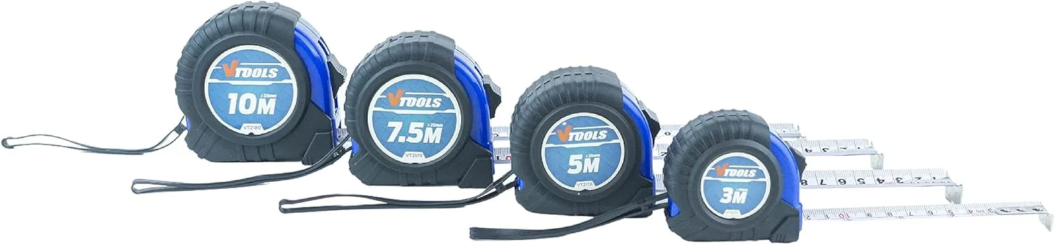 متر نواری 7.5 متری VTOOLS، ضخامت تیغه 1 میلی متر، متر نواری خود قفل شونده، خوانا، قلاب نوک مغناطیسی و بدنه ضد ضربه، VT2179