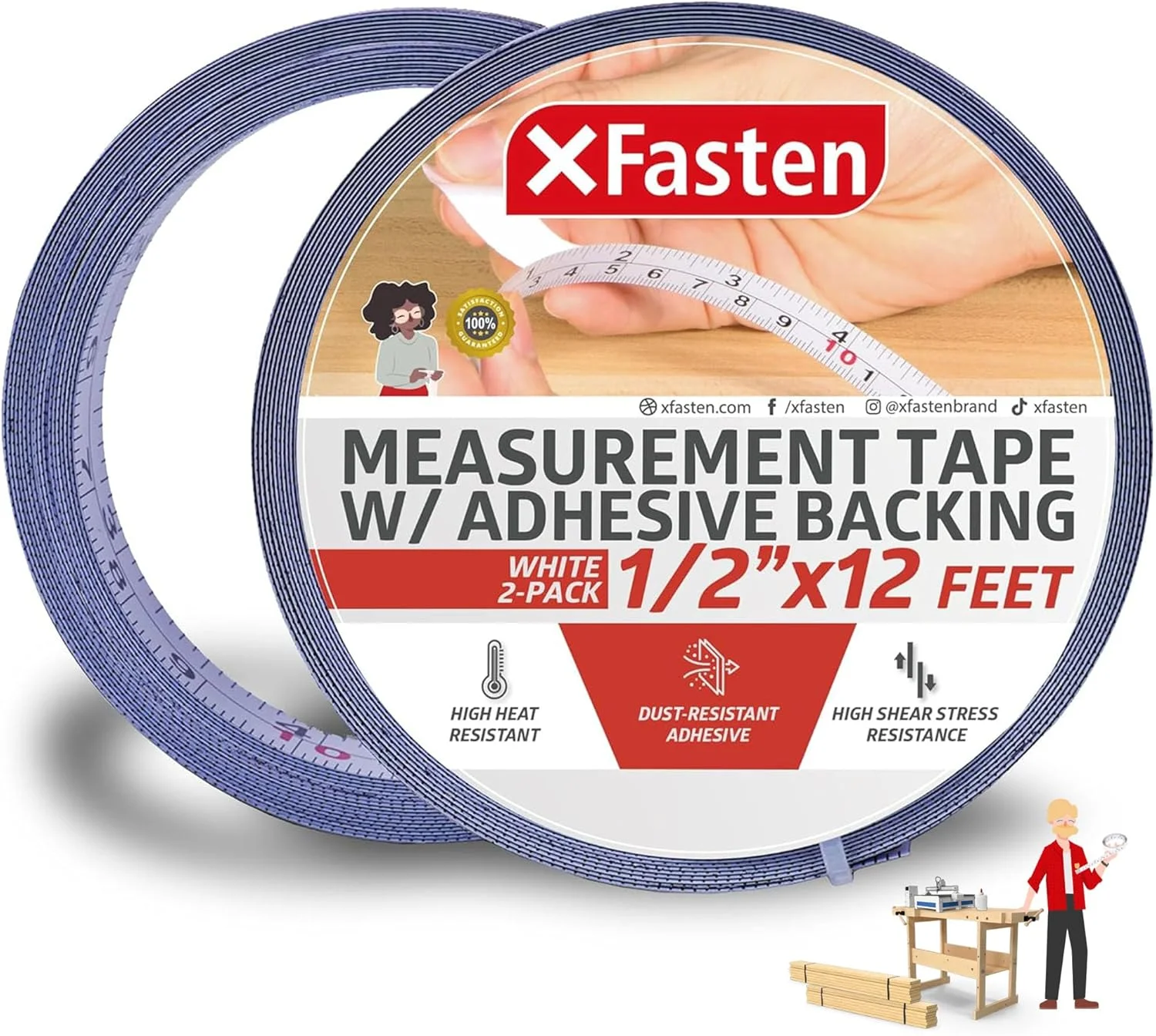 نوار اندازه گیری XFasten با پشت چسب دار، 1.27 سانتی متر × 3.65 متر، سفید (بسته 2 عددی)