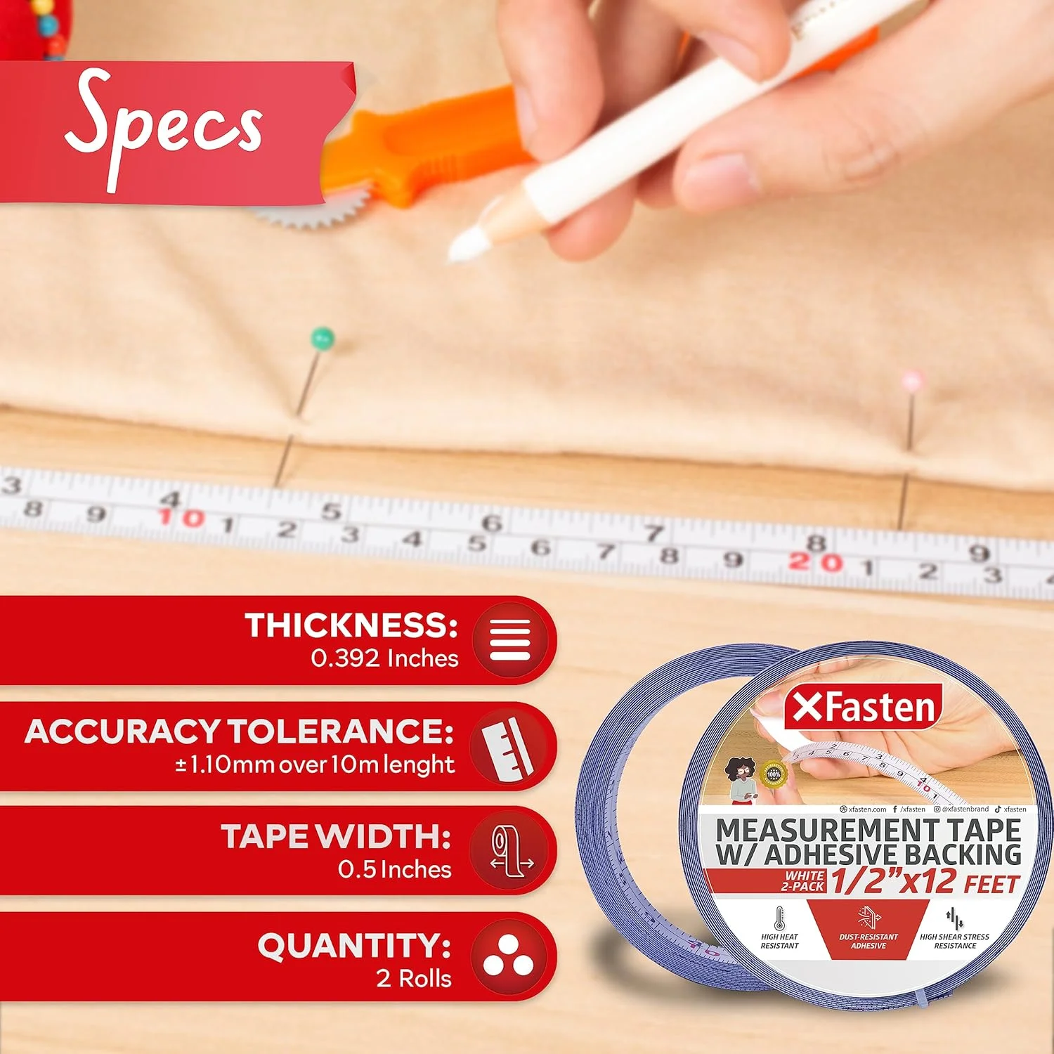 نوار اندازه گیری XFasten با پشت چسب دار، 1.27 سانتی متر × 3.65 متر، سفید (بسته 2 عددی)