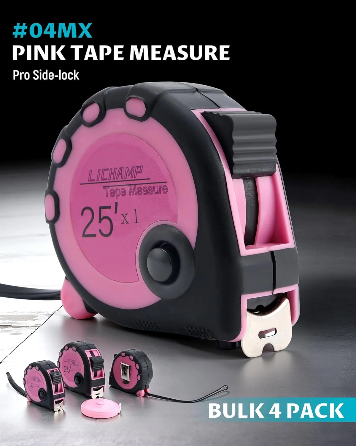 مجموعه 4 عددی متر نواری صورتی Lichamp، مجموعه متر نواری شامل متر نواری نرم، 3 متر در 1.5 سانتی متر، 4.8 متر در 1.9 سانتی متر، 7.6 متر در 2.5 سانتی متر، 04MXPK