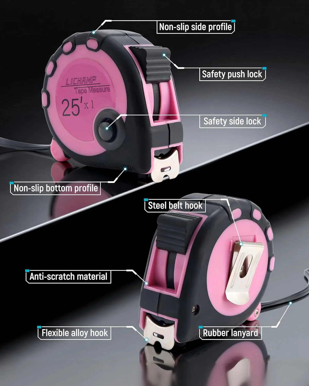 مجموعه 4 عددی متر نواری صورتی Lichamp، مجموعه متر نواری شامل متر نواری نرم، 3 متر در 1.5 سانتی متر، 4.8 متر در 1.9 سانتی متر، 7.6 متر در 2.5 سانتی متر، 04MXPK