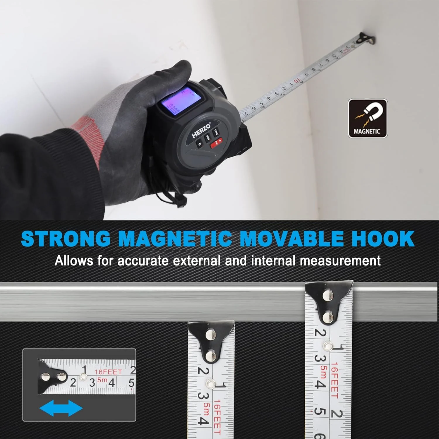 متر لیزری 2 در 1 HERZO، ابزار اندازه گیری لیزری 40 متری و متر دستی 5 متری با قلاب متحرک، فیثاغورس، مساحت، حجم، واحدهای اندازه گیری مختلف - غیر دیجیتال