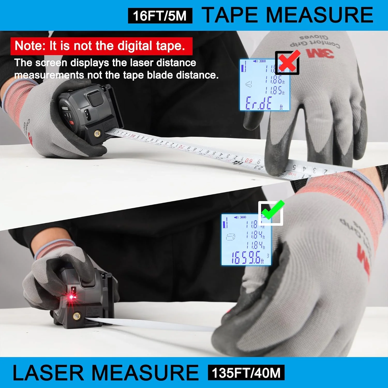 متر لیزری 2 در 1 HERZO، ابزار اندازه گیری لیزری 40 متری و متر دستی 5 متری با قلاب متحرک، فیثاغورس، مساحت، حجم، واحدهای اندازه گیری مختلف - غیر دیجیتال