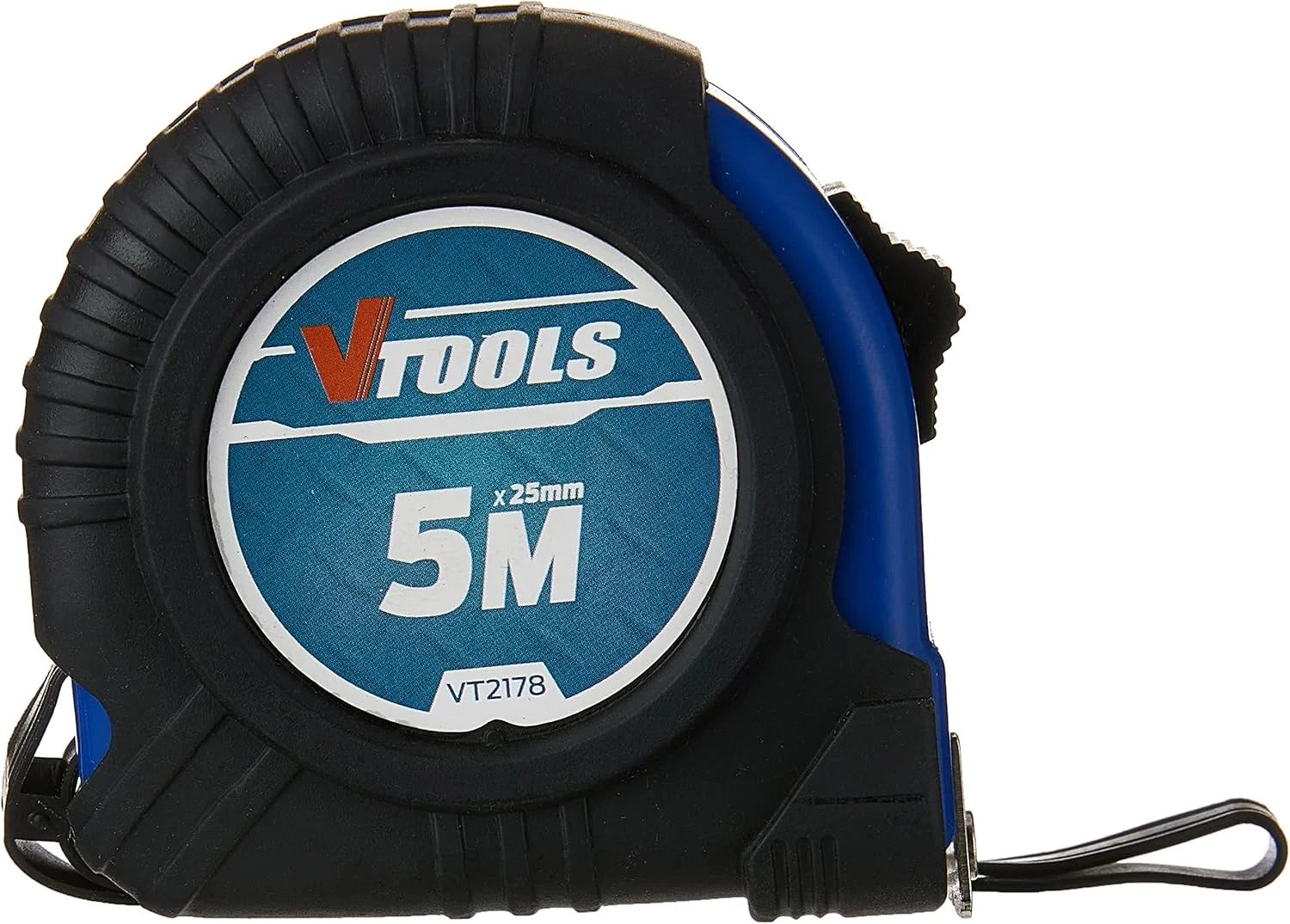 متر نواری 5 متری VTOOLS، ضخامت تیغه 1 میلی متر، متر نواری خود قفل شونده، خوانا، دارای قلاب مغناطیسی و بدنه ضد ضربه، VT2178