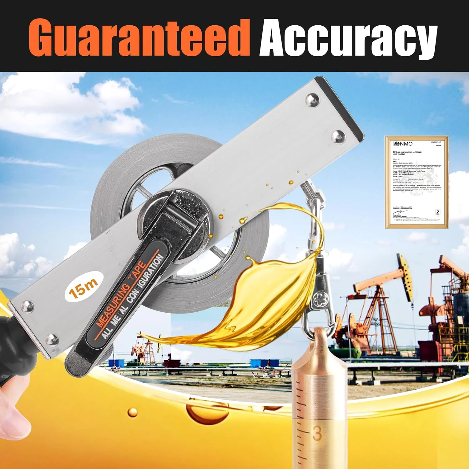 نوار اندازه گیری روغن، نوارهای اندازه گیری مخزن روغن ضد انفجار، نوار اندازه گیری فولادی ضد زنگ با دسته مشکی (15 متر / 49 فوت)