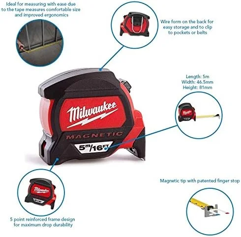 متر نواری مغناطیسی ممتاز میلواکی 5 متر/16 فوت (عرض 27 میلی متر)