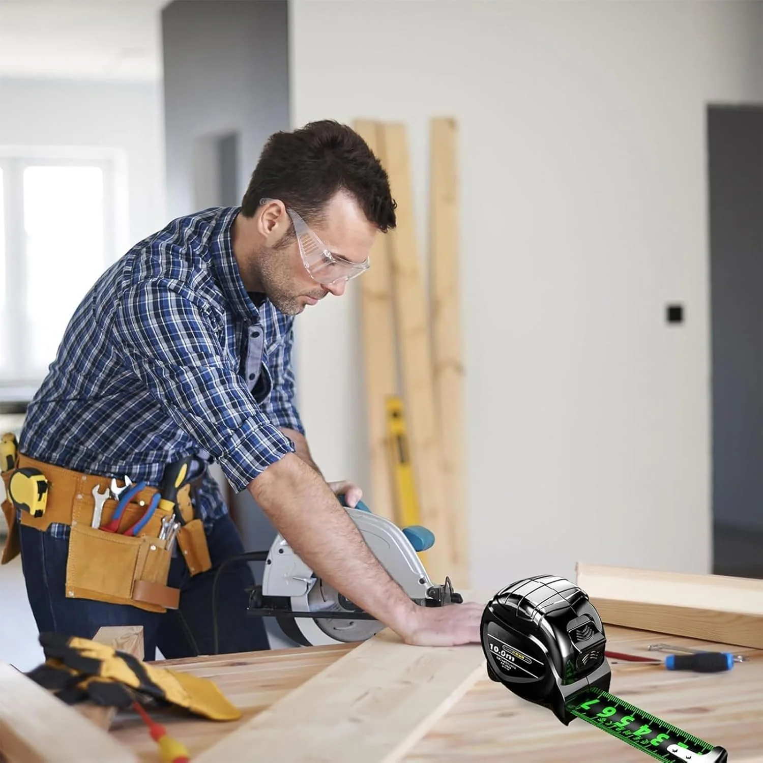 متر نواری | متر نواری 10 متری با مقیاس دو طرفه، ابزار نجاری فلورسنت قابل حمل با مقیاس دو طرفه برای ساخت و ساز روزانه و کشاورزی