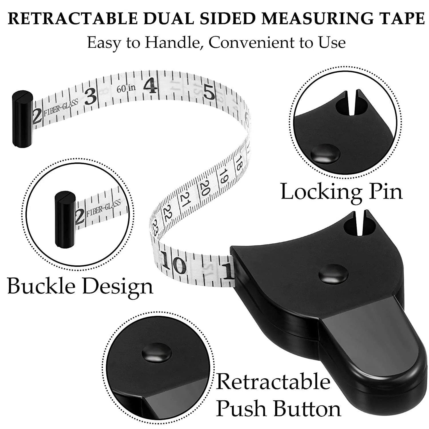 متر نواری اندازه گیری بدن 150 سانتی متری، متر اندازه گیری بدن، دارای پین قفل و جمع شونده دکمه ای (سیاه + سفید)