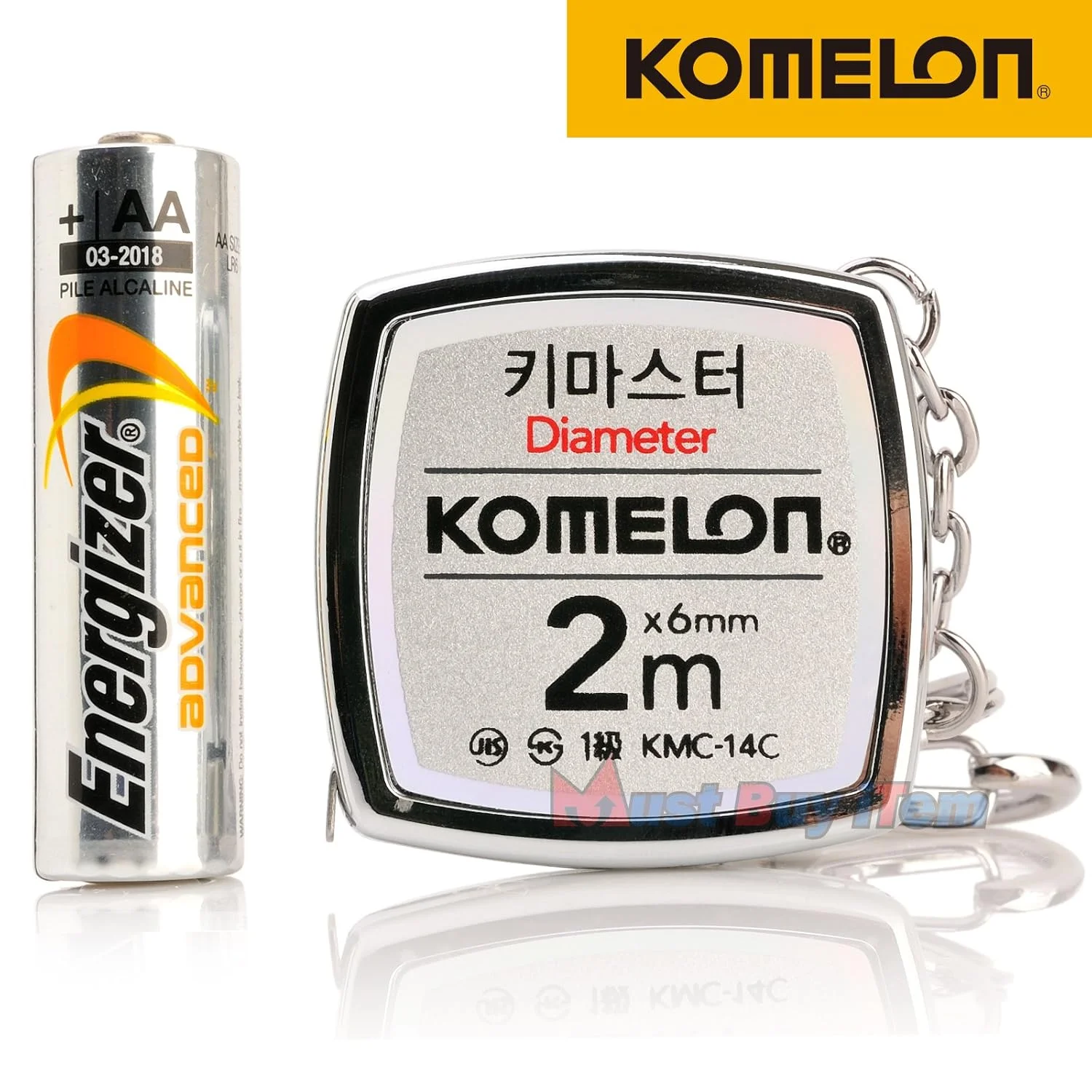 متر جیبی کلیددار Komelon KMC-14C مدل قدیمی، 2 متری/قطر، جاکلیدی کوچک، حلقه جاکلیدی، ابزار اندازه گیری با روکش کروم به همراه دفترچه راهنمای انگلیسی