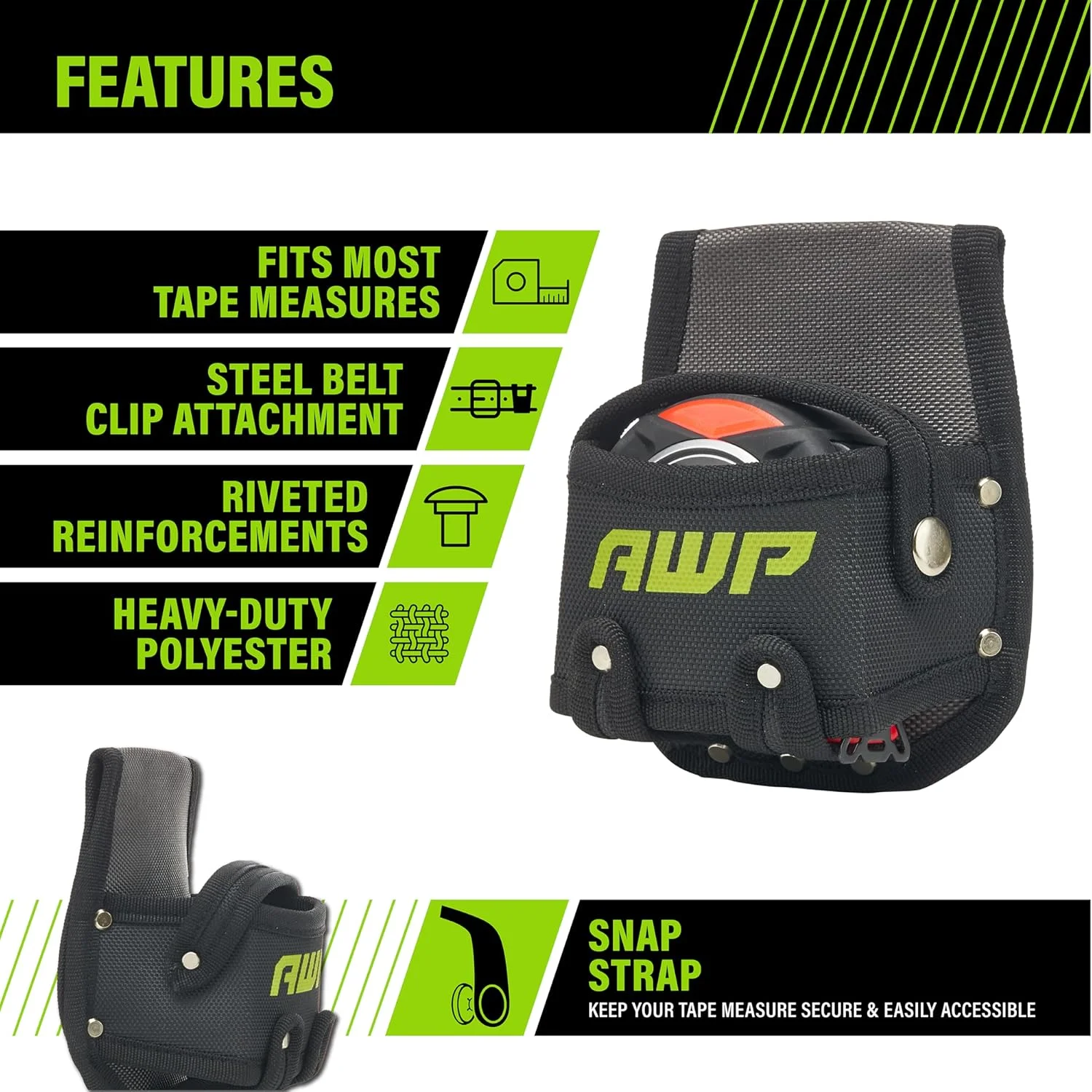 کیف متر نواری AWP | نگهدارنده متر نواری پلی استر سنگین با گیره کمربند فولادی