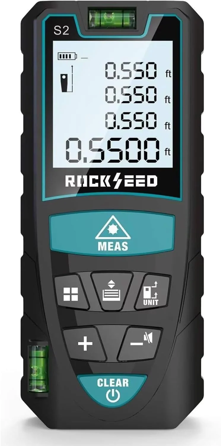 متر لیزری، متر فاصله یاب لیزری دیجیتال Mileseey با 2 تراز حبابی، تغییر واحد M/In/Ft، LCD با نور پس زمینه و حالت فیثاغورس، اندازه گیری فاصله، مساحت و حجم