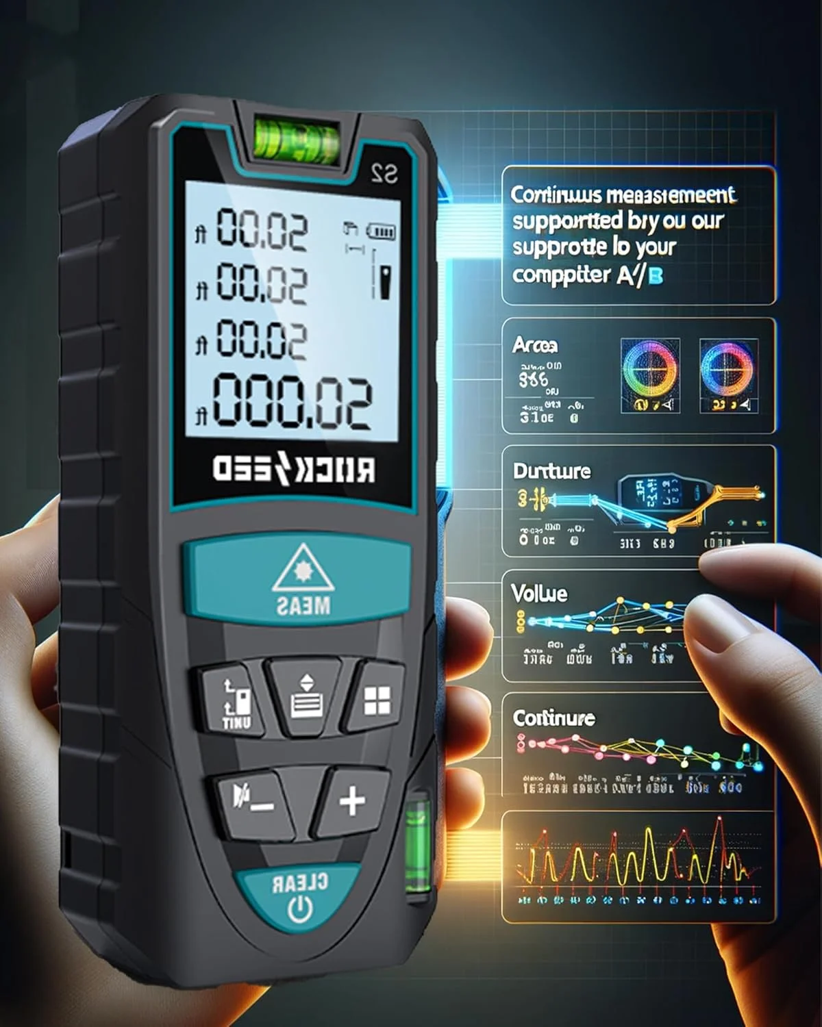 متر لیزری ALLESM، 50 متر، متر دیجیتال فاصله یاب لیزری با 2 تراز حبابی، تعویض واحد M/In/Ft، LCD با نور پس زمینه و حالت فیثاغورث، اندازه گیری فاصله، مساحت و حجم