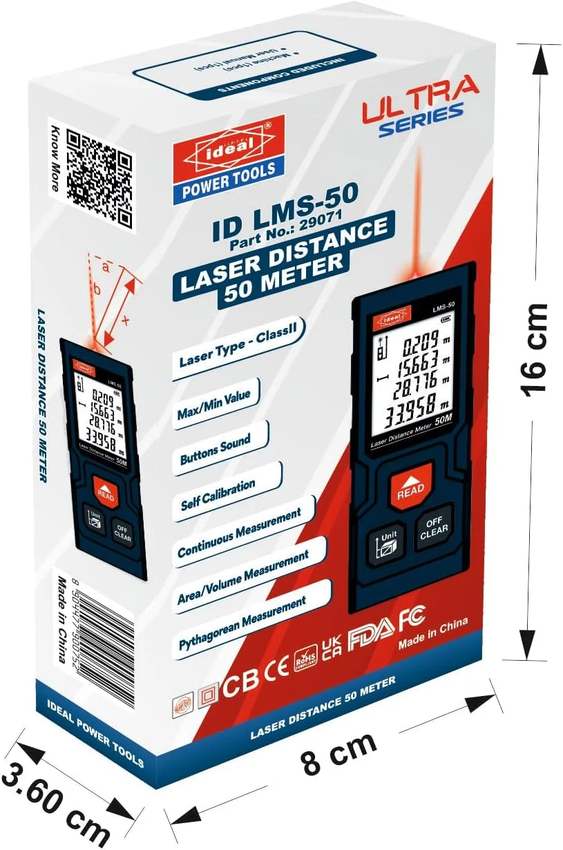 متر لیزری ID LMS-50 با برد 50 متر - 4 حالت اندازه گیری، شامل 2 عدد باتری AAA، طراحی جمع و جور، دارای گواهینامه های FDA، UKCA، FCC، CE، CB.