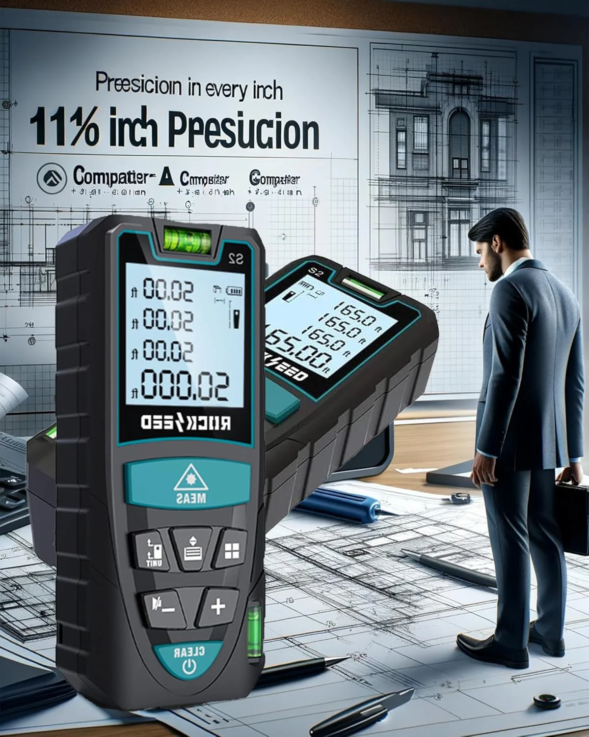 متر لیزری ALLESM، 50 متر، متر دیجیتال فاصله یاب لیزری با 2 تراز حبابی، تعویض واحد M/In/Ft، LCD با نور پس زمینه و حالت فیثاغورث، اندازه گیری فاصله، مساحت و حجم