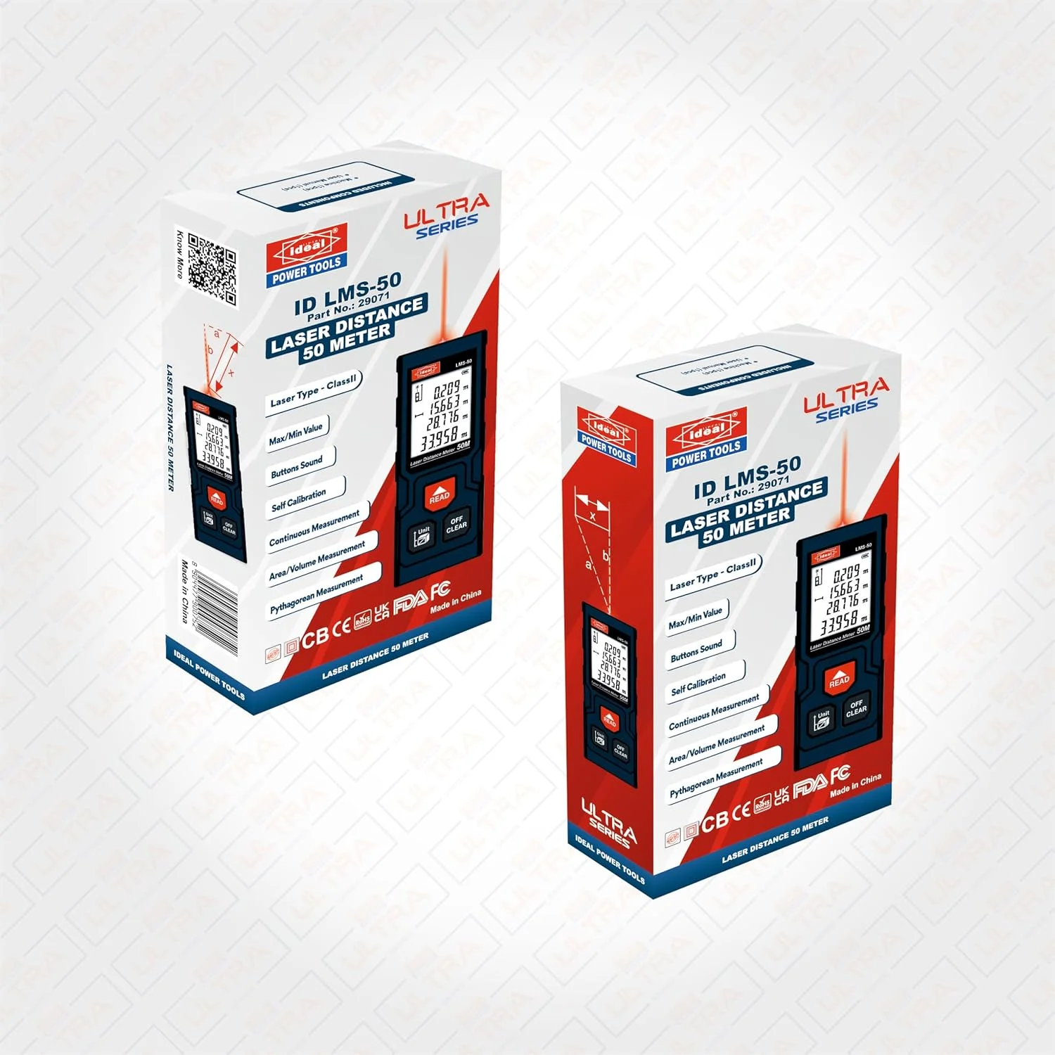 متر لیزری ID LMS-50 با برد 50 متر - 4 حالت اندازه گیری، شامل 2 عدد باتری AAA، طراحی جمع و جور، دارای گواهینامه های FDA، UKCA، FCC، CE، CB.