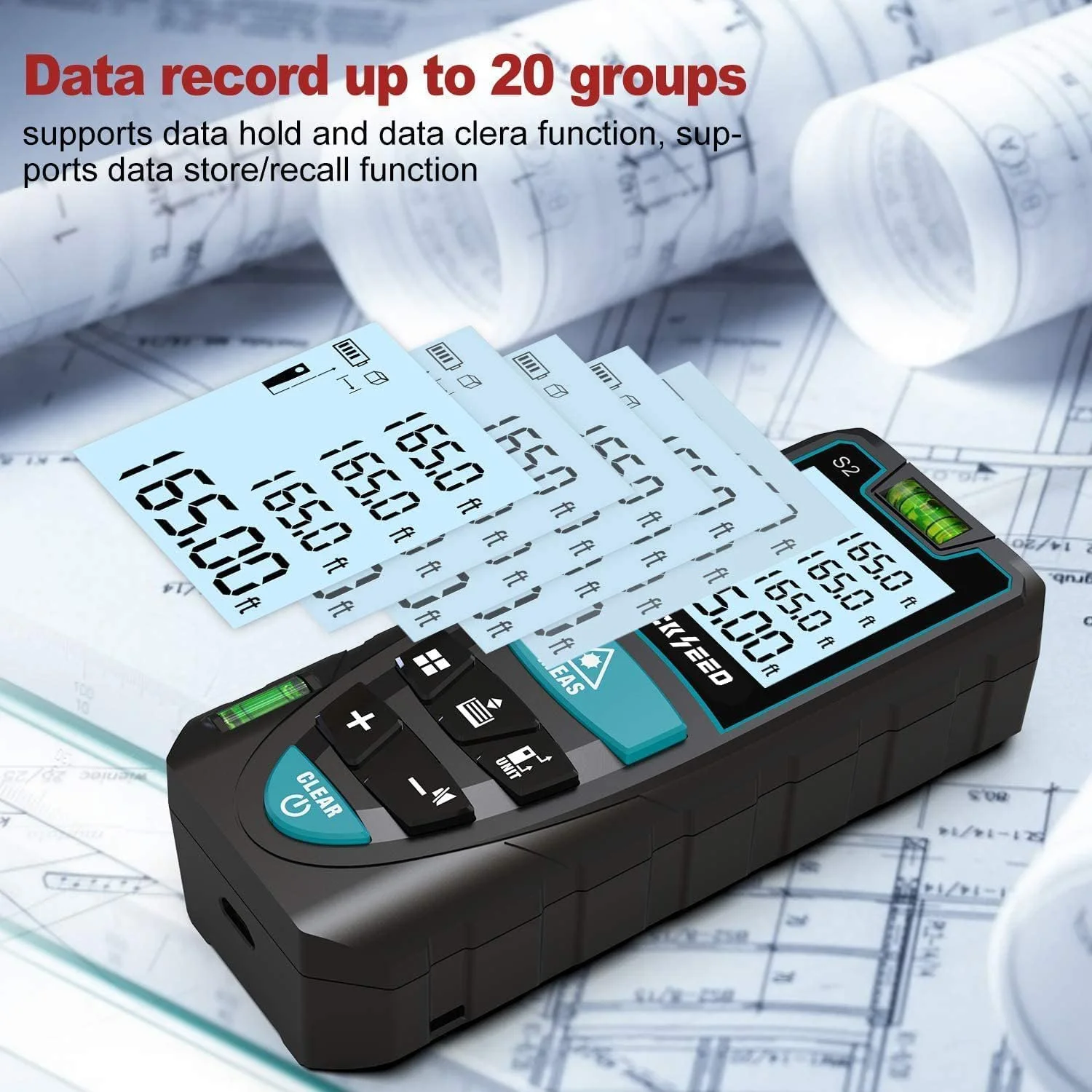 متر لیزری، متر فاصله یاب لیزری دیجیتال Mileseey با 2 تراز حبابی، تغییر واحد M/In/Ft، LCD با نور پس زمینه و حالت فیثاغورس، اندازه گیری فاصله، مساحت و حجم