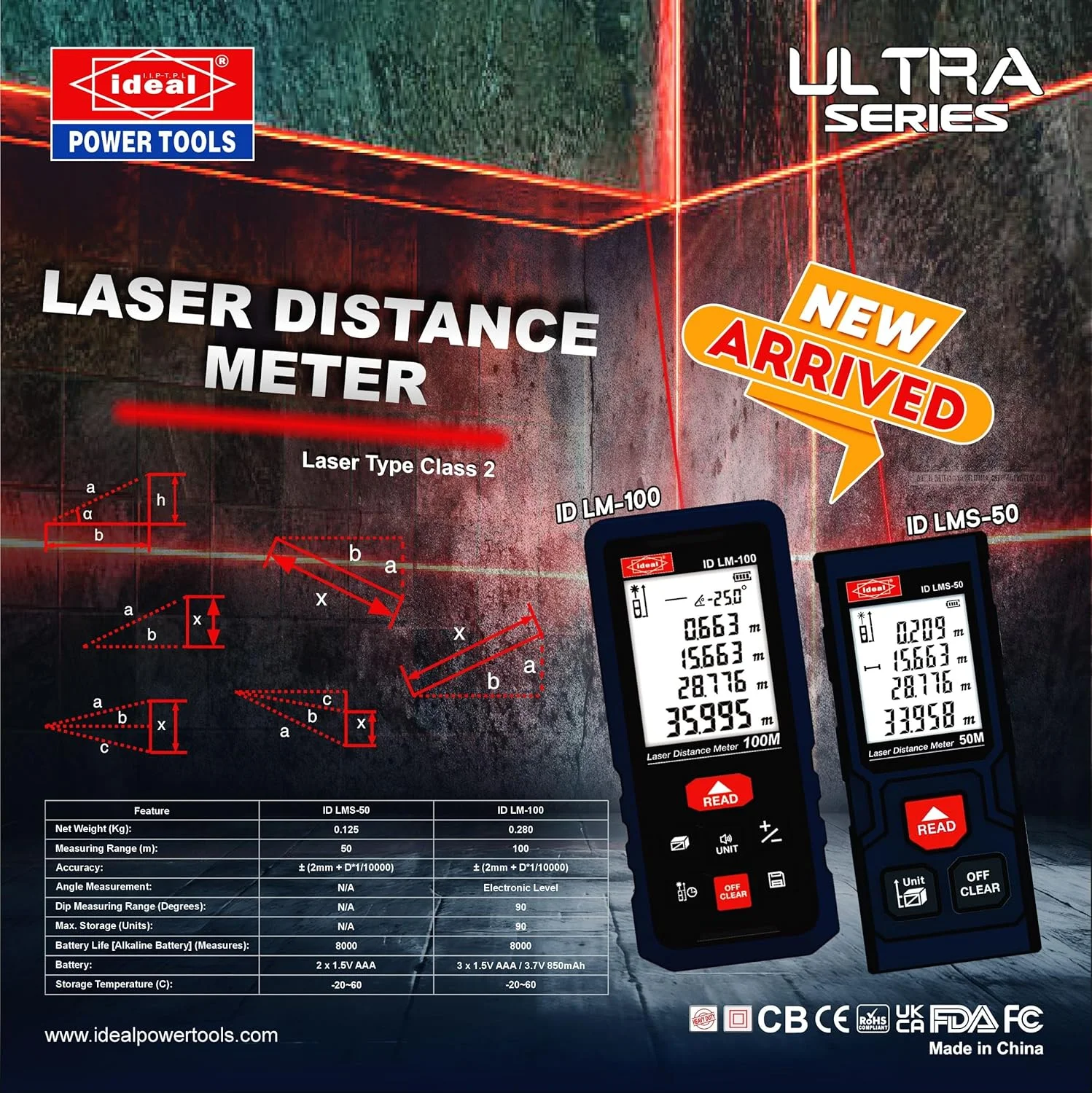 متر لیزری ID LMS-50 با برد 50 متر - 4 حالت اندازه گیری، شامل 2 عدد باتری AAA، طراحی جمع و جور، دارای گواهینامه های FDA، UKCA، FCC، CE، CB.