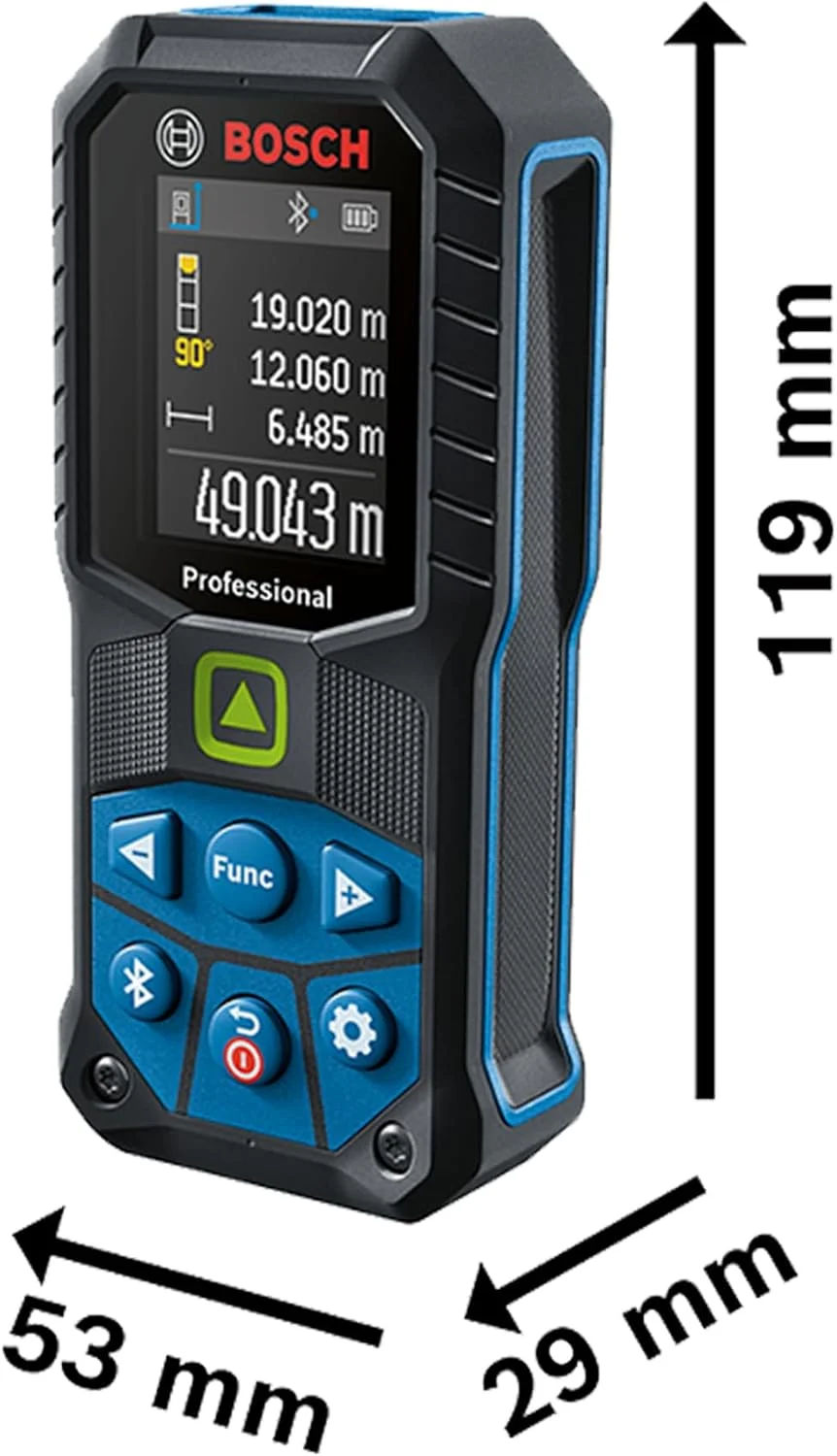 متر لیزری حرفه ای بوش مدل GLM 50-27 CG (لیزر سبز، برد: تا 50 متر، مقاوم، IP65، انتقال داده از طریق بلوتوث، 2 عدد باتری AA، بند دستی، کیف)