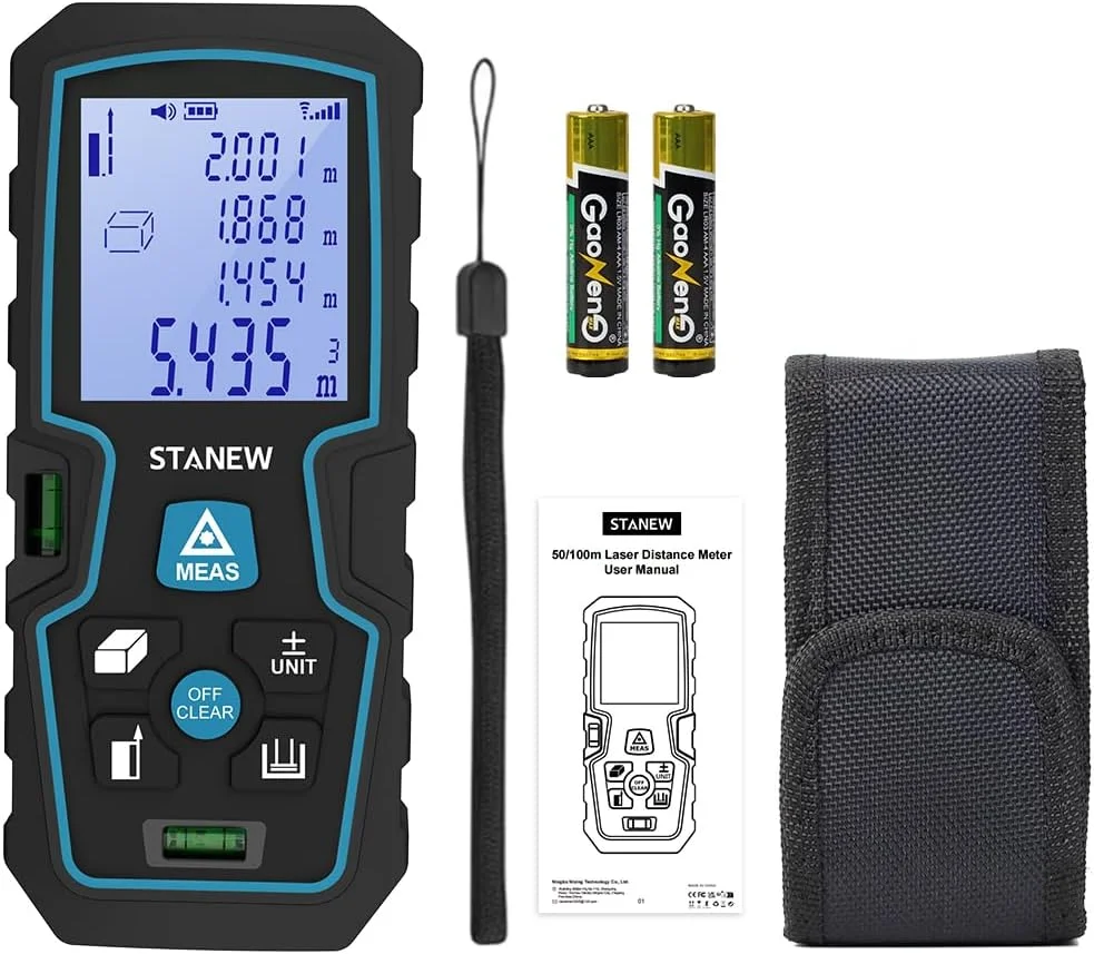 فاصله یاب لیزری دیجیتال قابل حمل STANEW، ابزار اندازه گیری لیزری با 2 تراز حباب، اندازه گیری طول/مساحت/حجم، با نور پس زمینه LCD، 2 * باتری، IP54 فاصله یاب لیزری دیجیتال قابل حمل STANEW، ابزار اندازه گیری لیزری با 2 تراز حباب، اندازه گیری طول/مساحت/حجم، با نور پس زمینه LCD، 2 * باتری، IP54