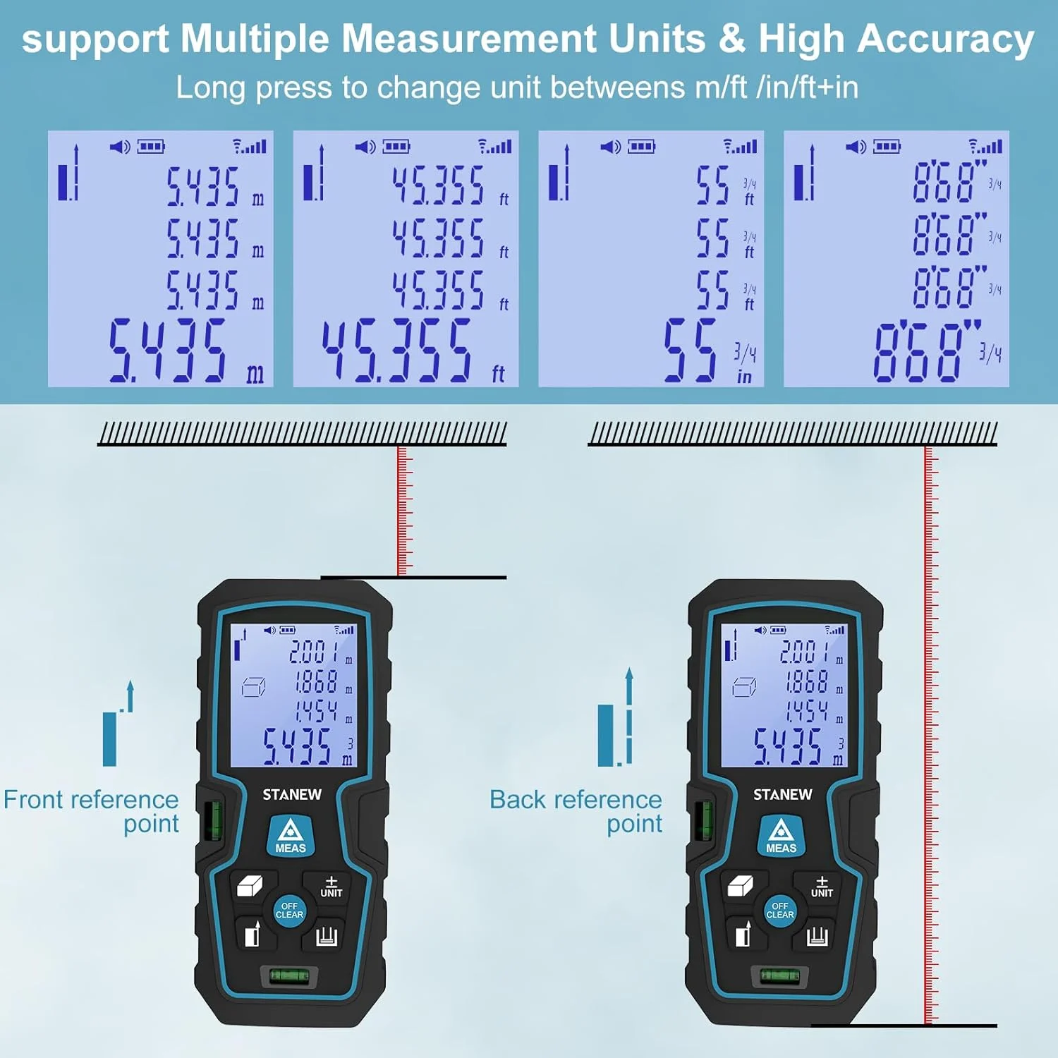 فاصله یاب لیزری دیجیتال قابل حمل STANEW، ابزار اندازه گیری لیزری با 2 تراز حباب، اندازه گیری طول/مساحت/حجم، با نور پس زمینه LCD، 2 * باتری، IP54