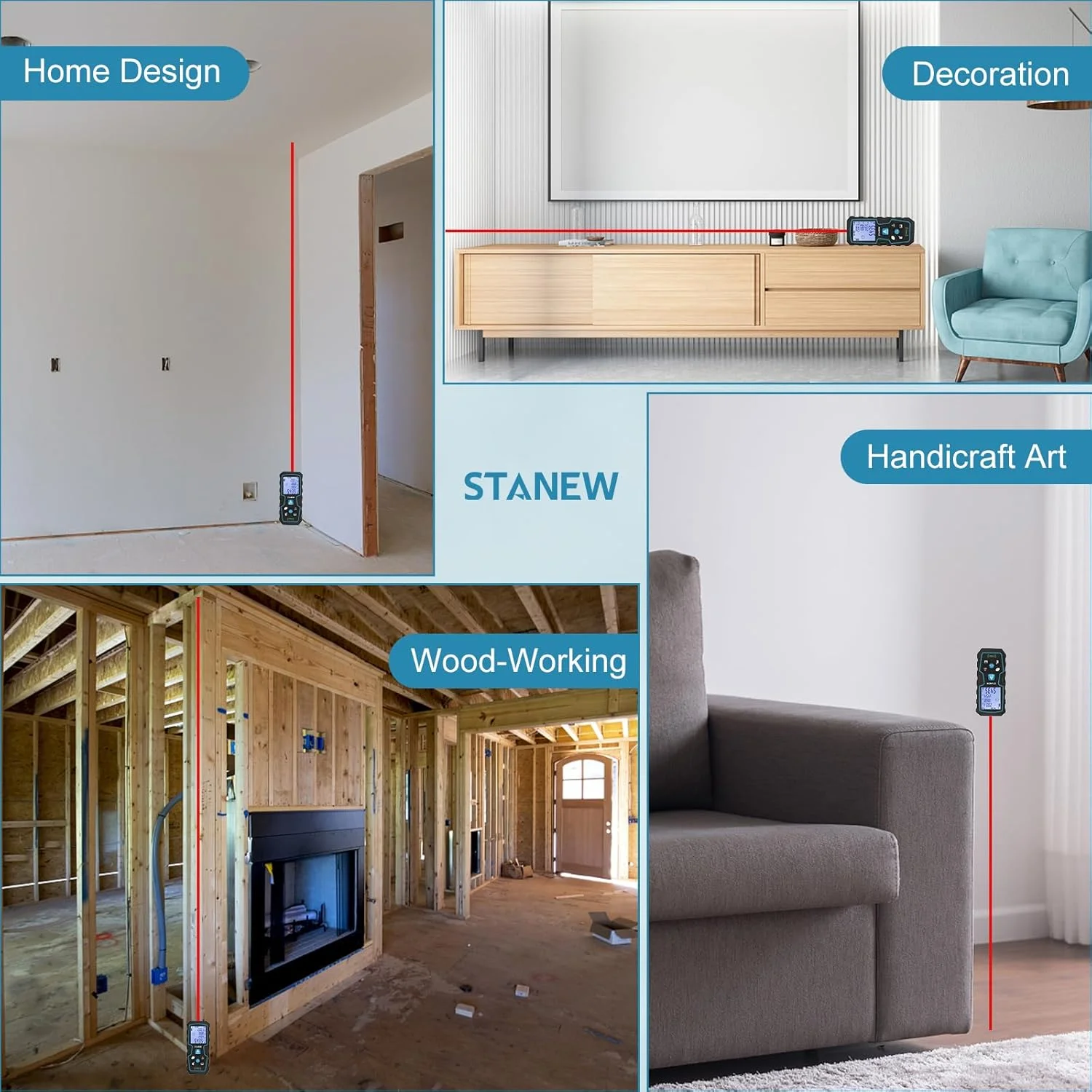 فاصله یاب لیزری دیجیتال قابل حمل STANEW، ابزار اندازه گیری لیزری با 2 تراز حباب، اندازه گیری طول/مساحت/حجم، با نور پس زمینه LCD، 2 * باتری، IP54