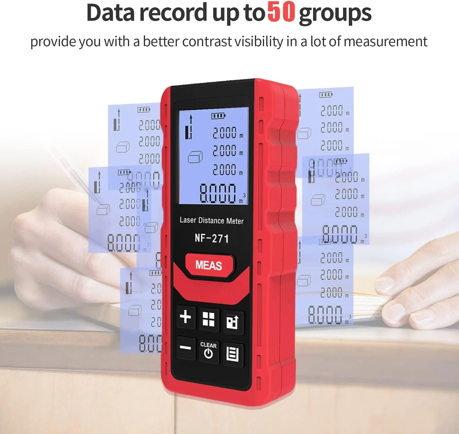 متر لیزری DMG TECH، 50 متر، ابزار اندازه گیری فاصله لیزری دیجیتال قابل حمل، تغییر واحد M/in/Ft، صفحه نمایش LCD با نور پس زمینه، اندازه گیری فاصله، فیثاغورس، مساحت و حجم