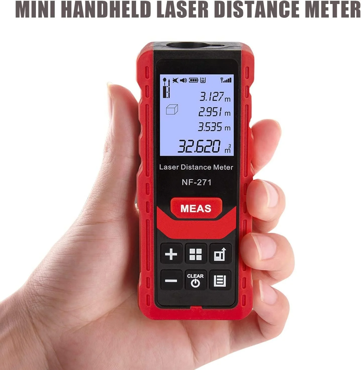 متر لیزری DMG TECH، 50 متر، ابزار اندازه گیری فاصله لیزری دیجیتال قابل حمل، تغییر واحد M/in/Ft، صفحه نمایش LCD با نور پس زمینه، اندازه گیری فاصله، فیثاغورس، مساحت و حجم