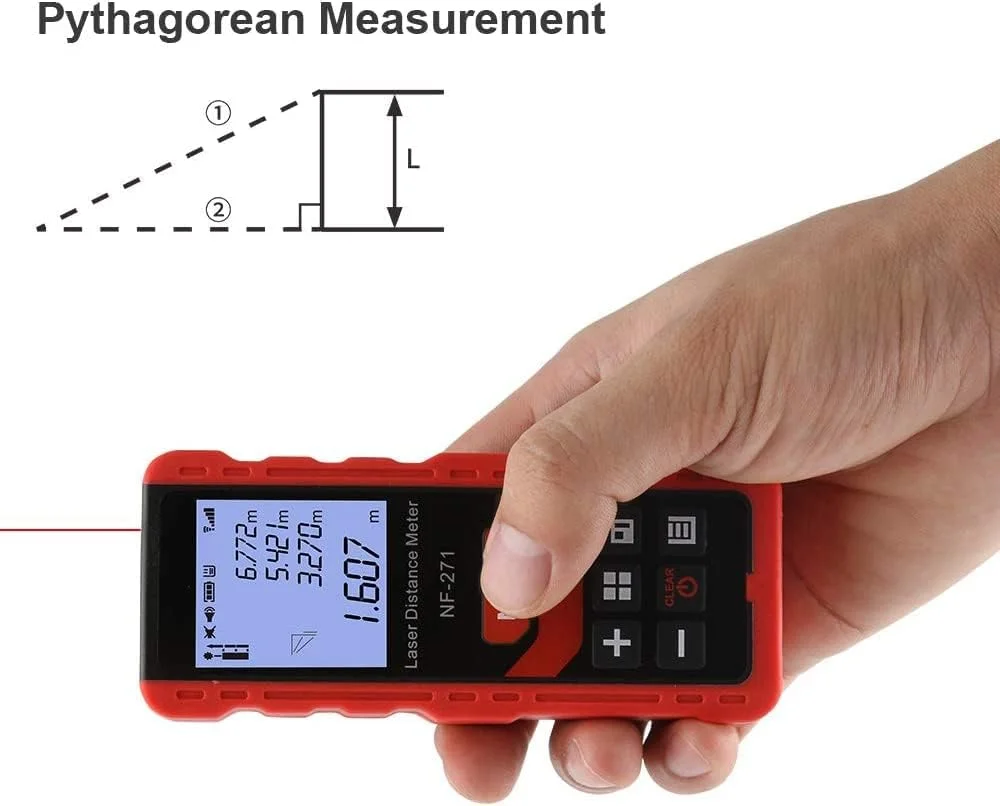 متر لیزری DMG TECH، 50 متر، ابزار اندازه گیری فاصله لیزری دیجیتال قابل حمل، تغییر واحد M/in/Ft، صفحه نمایش LCD با نور پس زمینه، اندازه گیری فاصله، فیثاغورس، مساحت و حجم