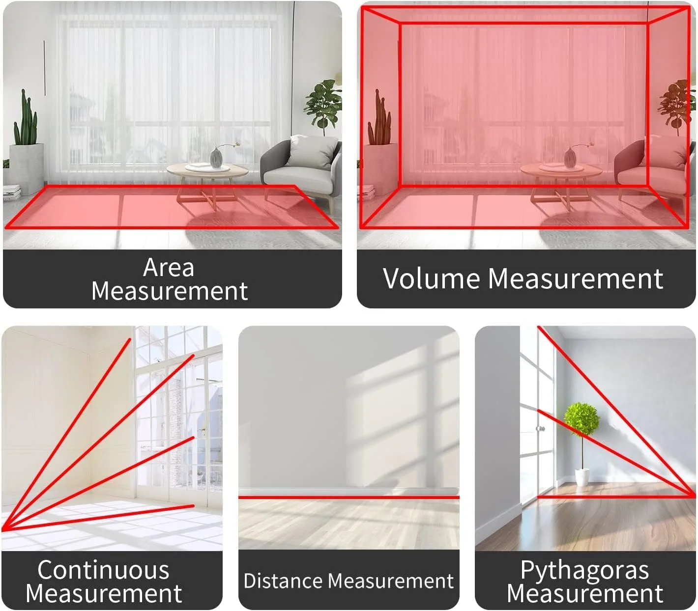 متر لیزری DMG TECH، 50 متر، ابزار اندازه گیری فاصله لیزری دیجیتال قابل حمل، تغییر واحد M/in/Ft، صفحه نمایش LCD با نور پس زمینه، اندازه گیری فاصله، فیثاغورس، مساحت و حجم