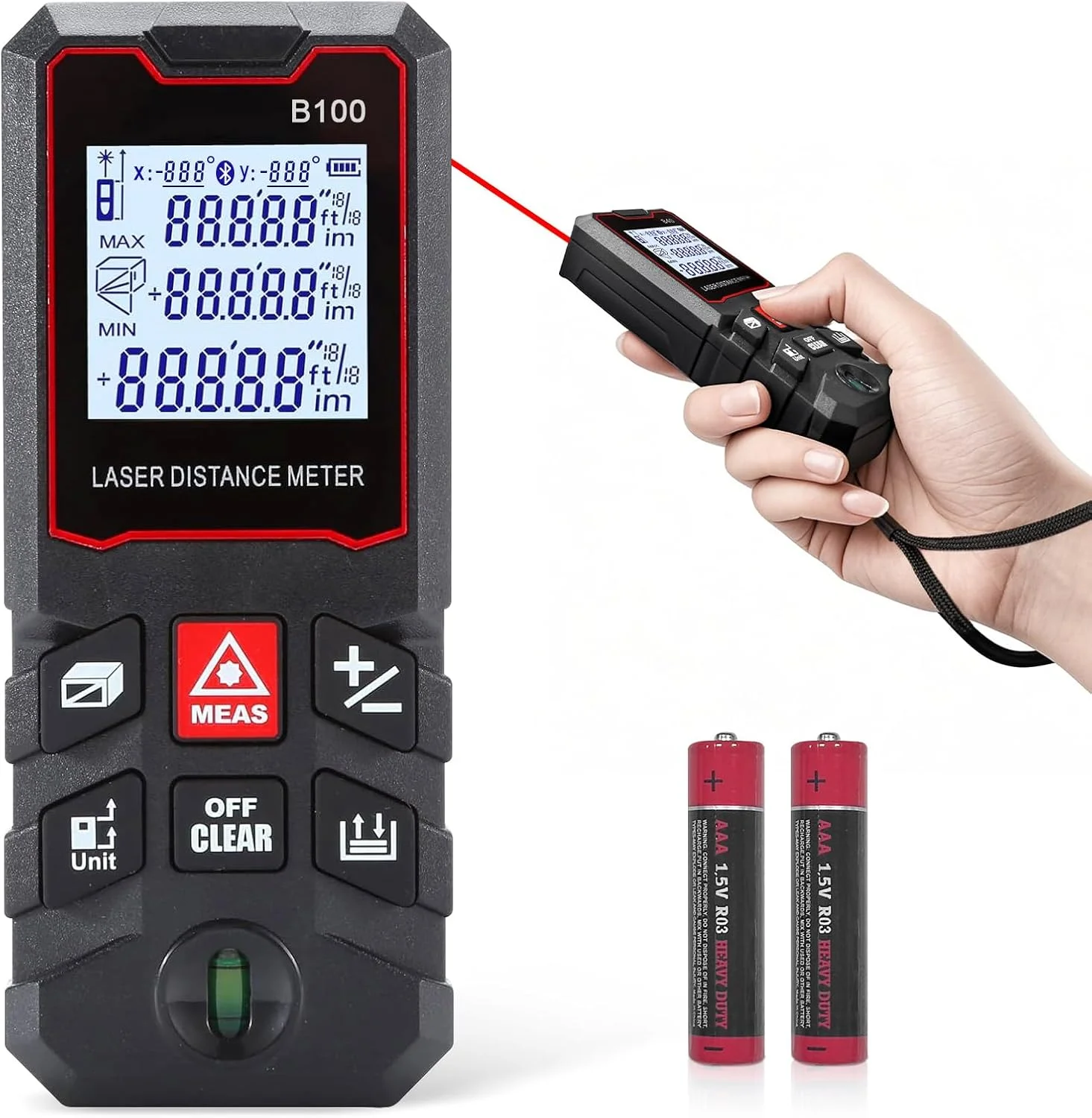 متر لیزری، فاصله یاب لیزری دیجیتال، متر فاصله یاب لیزری دیجیتال با 1 تراز حبابی، تغییر واحد M/In/Ft، صفحه نمایش LCD 2.0 اینچی با نور پس زمینه، اندازه گیری فاصله، مساحت و حجم متر لیزری، فاصله یاب لیزری دیجیتال، متر فاصله یاب لیزری دیجیتال با 1 تراز حبابی، تغییر واحد M/In/Ft، صفحه نمایش LCD 2.0 اینچی با نور پس زمینه، اندازه گیری فاصله، مساحت و حجم