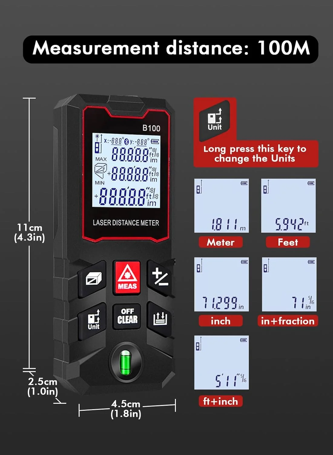 متر لیزری، فاصله یاب لیزری دیجیتال، متر فاصله یاب لیزری دیجیتال با 1 تراز حبابی، تغییر واحد M/In/Ft، صفحه نمایش LCD 2.0 اینچی با نور پس زمینه، اندازه گیری فاصله، مساحت و حجم