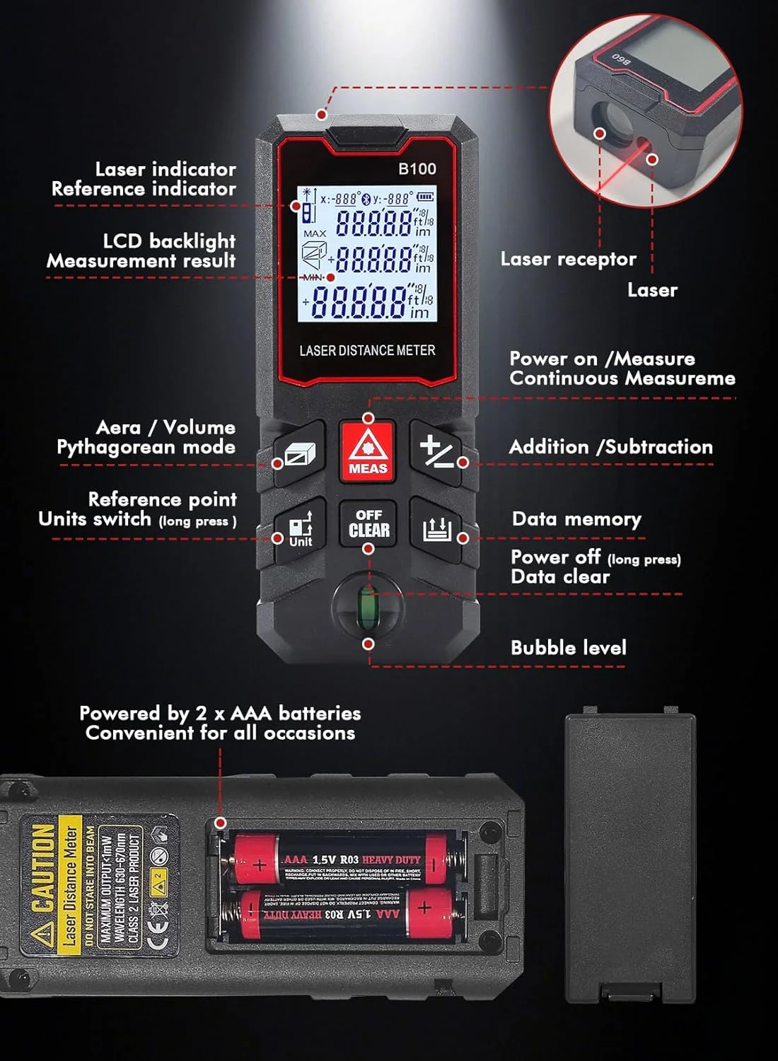 متر لیزری، فاصله یاب لیزری دیجیتال، متر فاصله یاب لیزری دیجیتال با 1 تراز حبابی، تغییر واحد M/In/Ft، صفحه نمایش LCD 2.0 اینچی با نور پس زمینه، اندازه گیری فاصله، مساحت و حجم