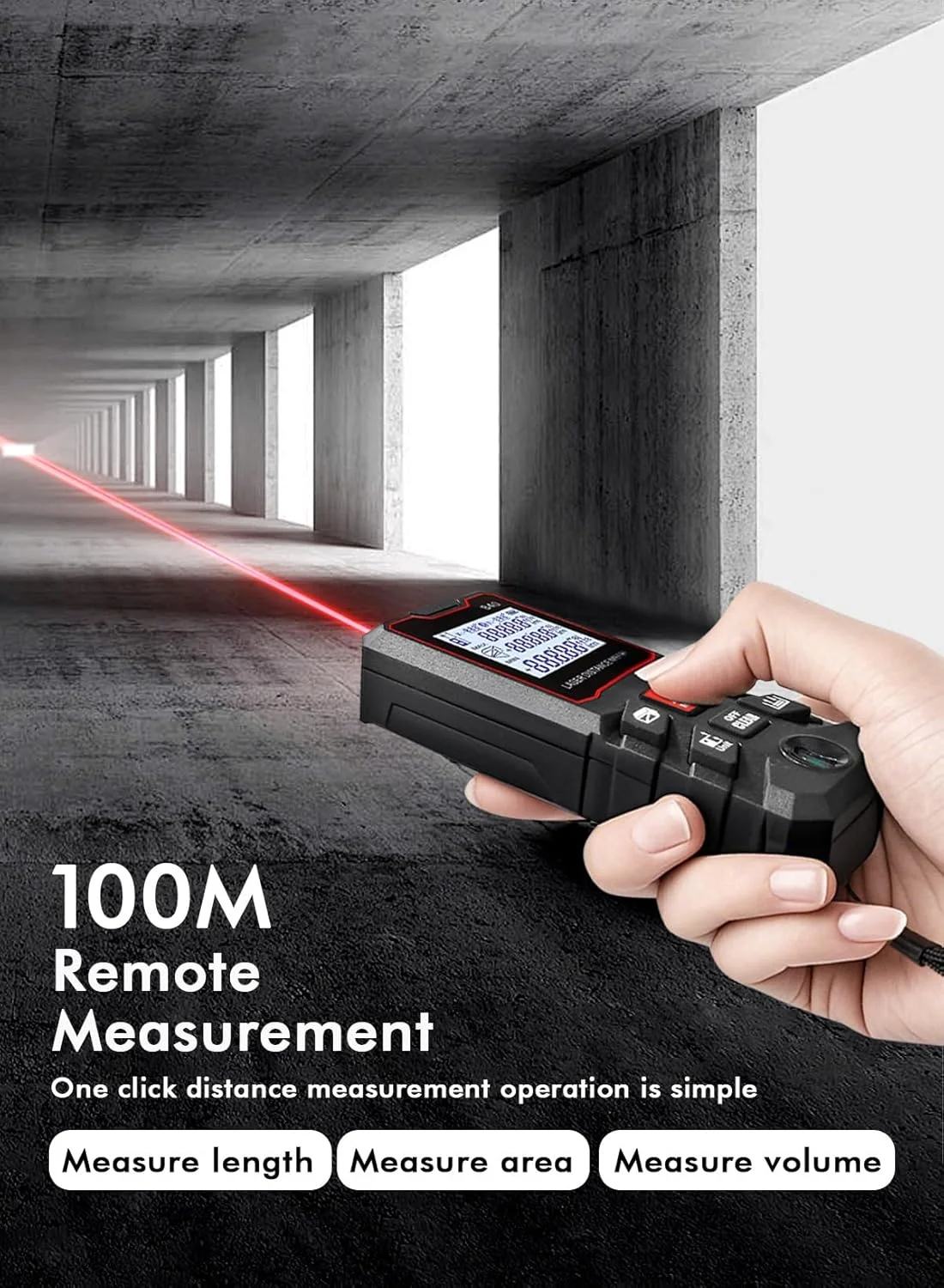 متر لیزری، فاصله یاب لیزری دیجیتال، متر فاصله یاب لیزری دیجیتال با 1 تراز حبابی، تغییر واحد M/In/Ft، صفحه نمایش LCD 2.0 اینچی با نور پس زمینه، اندازه گیری فاصله، مساحت و حجم