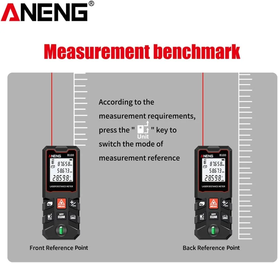 متر لیزری 100 متری Morelian با صفحه نمایش LCD، تراز حبابی، ابزار اندازه گیری فاصله/مساحت/حجم/فیثاغورث، تعویض واحد، ذخیره سازی داده
