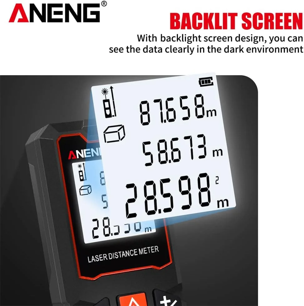متر لیزری 100 متری Morelian با صفحه نمایش LCD، تراز حبابی، ابزار اندازه گیری فاصله/مساحت/حجم/فیثاغورث، تعویض واحد، ذخیره سازی داده