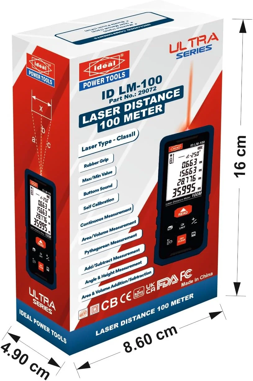 متر لیزری IDEAL POWER TOOLS مدل ID LM-100 با برد 100 متر - دقیق، چند منظوره با تراز الکترونیکی، طراحی بادوام و کاربری آسان