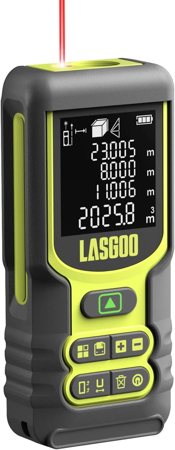 متر لیزری، ابزار اندازه گیری لیزری LASGOO، فاصله سنج لیزری با واحدهای مختلف فوت/اینچ/متر، صفحه نمایش LCD با نور پس زمینه، حالت فیثاغورس، مساحت و حجم متر لیزری، ابزار اندازه گیری لیزری LASGOO، فاصله سنج لیزری با واحدهای مختلف فوت/اینچ/متر، صفحه نمایش LCD با نور پس زمینه، حالت فیثاغورس، مساحت و حجم