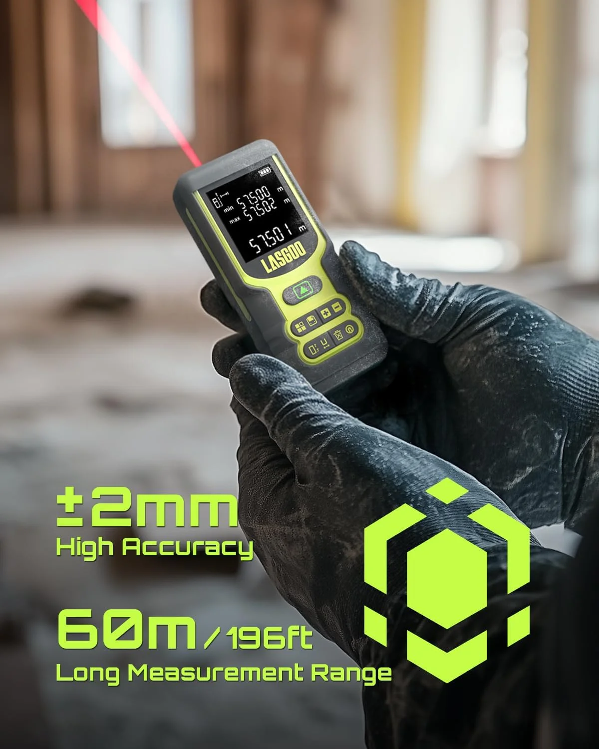 متر لیزری، ابزار اندازه گیری لیزری LASGOO، فاصله سنج لیزری با واحدهای مختلف فوت/اینچ/متر، صفحه نمایش LCD با نور پس زمینه، حالت فیثاغورس، مساحت و حجم