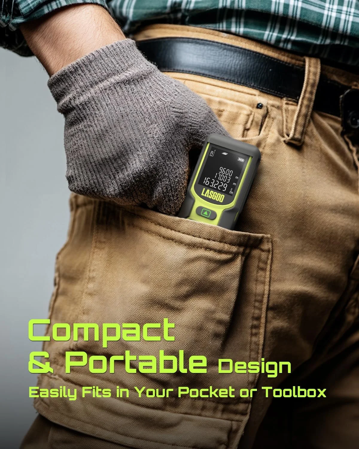 متر لیزری، ابزار اندازه گیری لیزری LASGOO، فاصله سنج لیزری با واحدهای مختلف فوت/اینچ/متر، صفحه نمایش LCD با نور پس زمینه، حالت فیثاغورس، مساحت و حجم